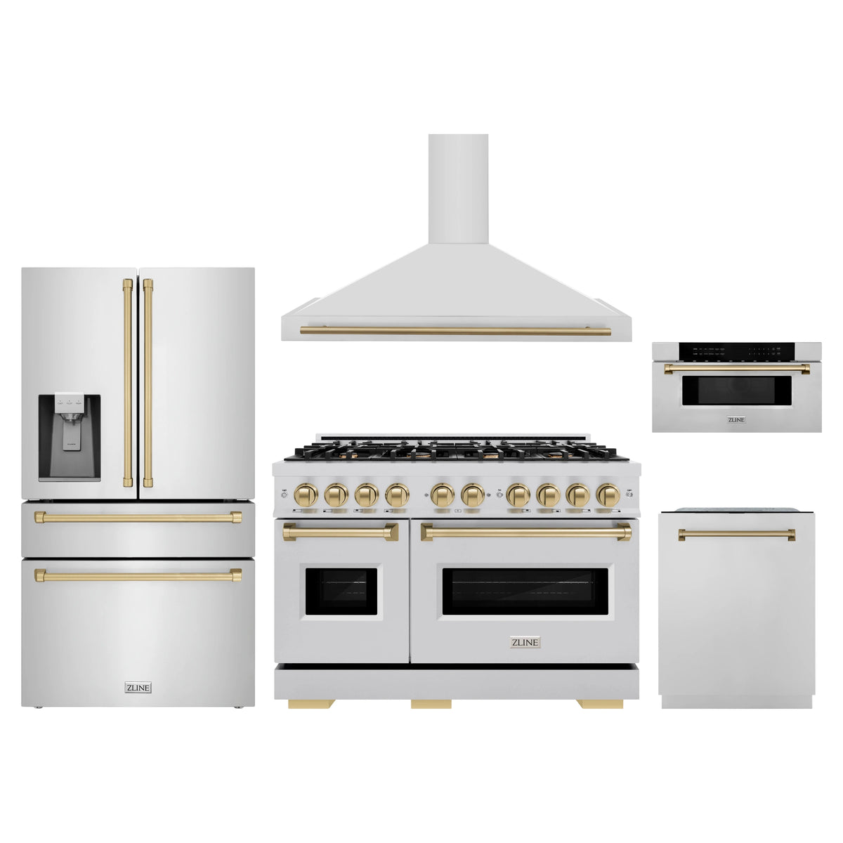 ZLINE 5-Piece Appliance Package - 48-Inch Autograph Edition Gas Range, Wall Mount Range Hood, 36-Inch French Door Refrigerator with Water Dispenser, Dishwasher, and 30-Inch Microwave Drawer in Stainless Steel with Champagne Bronze Accents