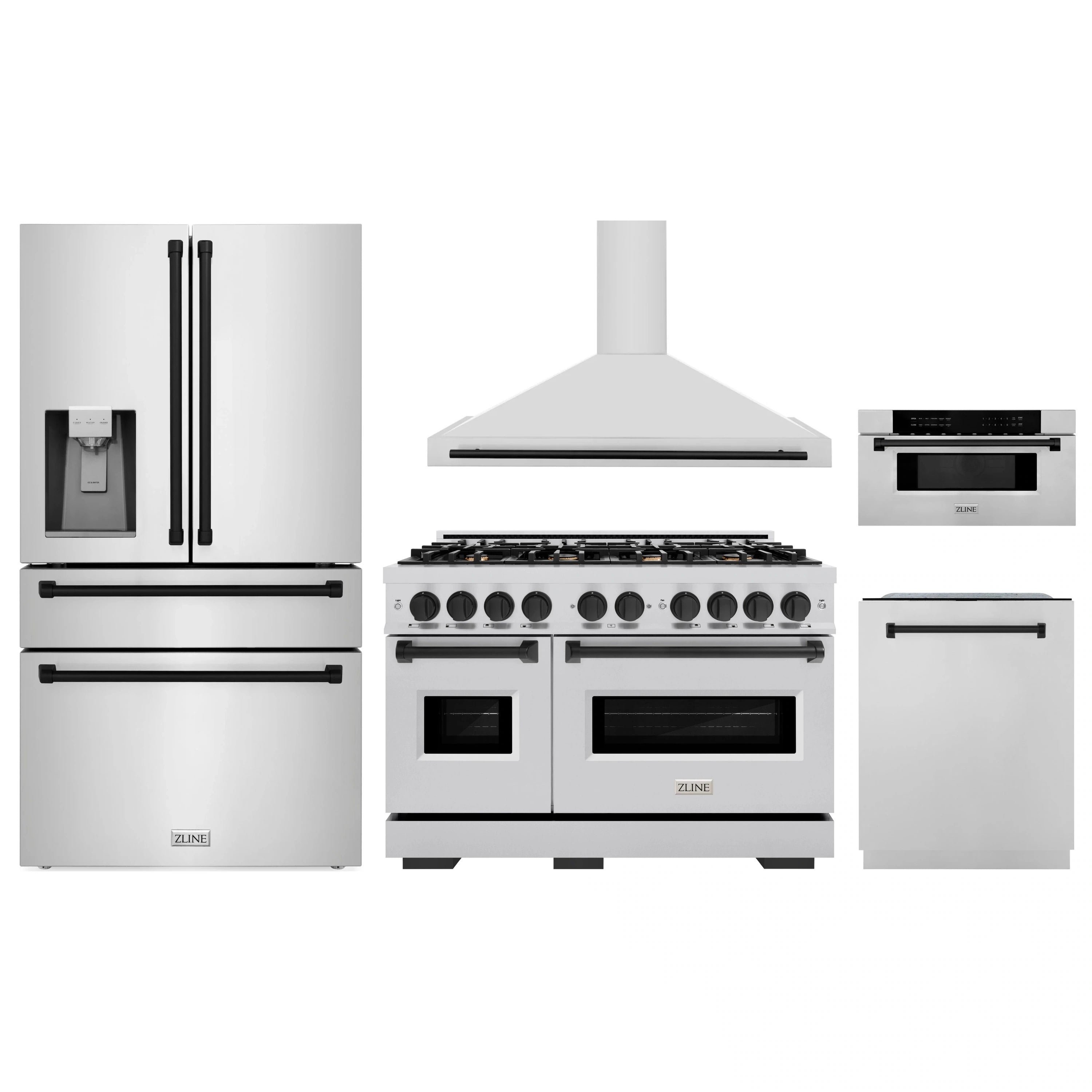 Kitchen appliance package set: refrigerator, gas range, hood, dishwasher, microwave drawer
