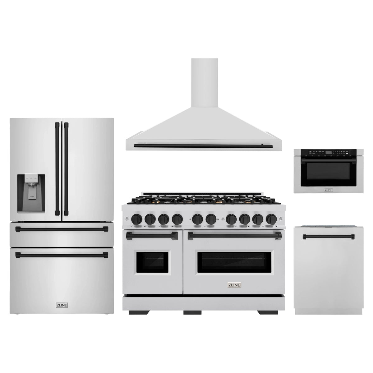ZLINE 5-Piece Appliance Package - 48-Inch Gas Range, Hood, Refrigerator with Water Dispenser, Dishwasher, and Microwave Drawer in Stainless Steel with Matte Black Accents
