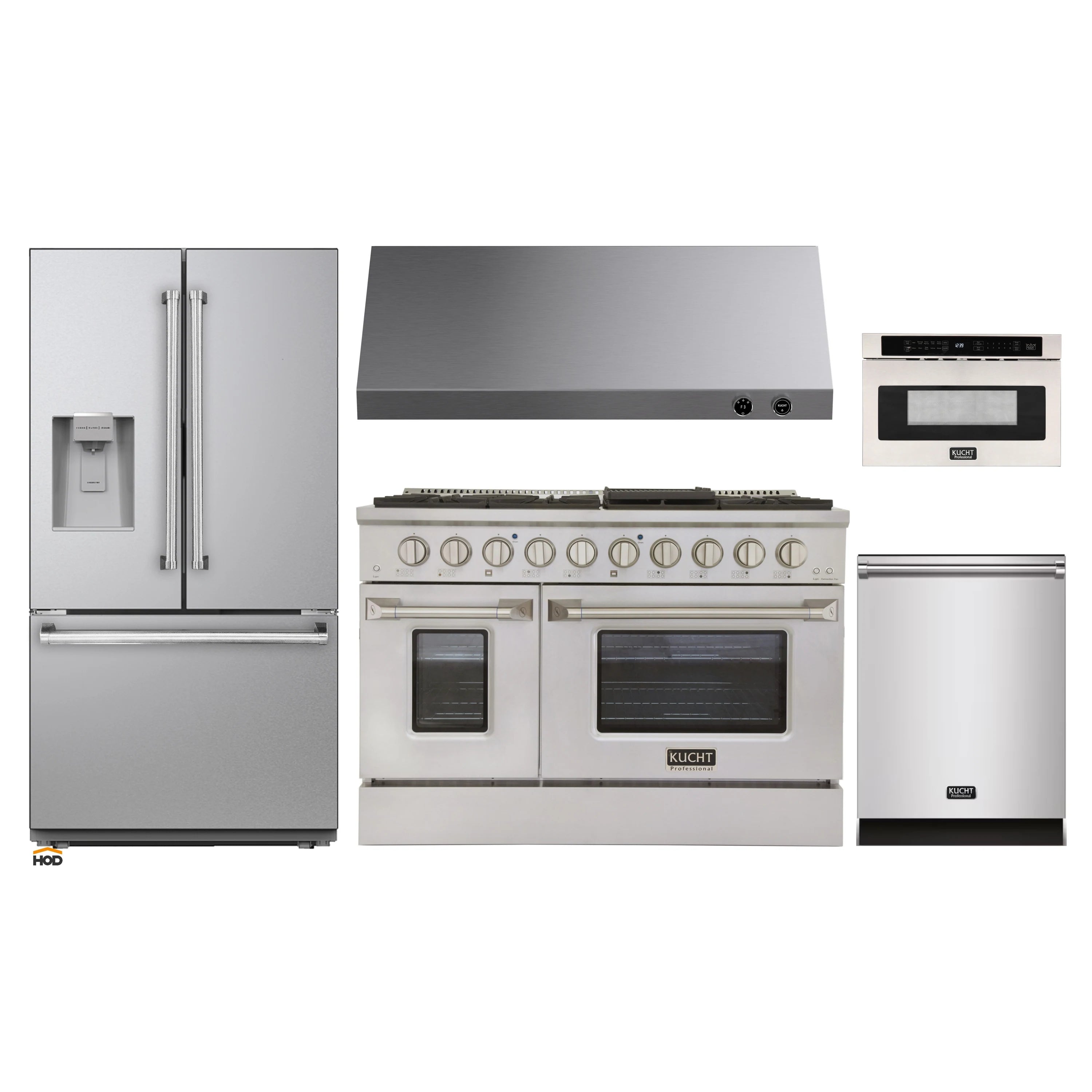 Stainless steel appliance set: refrigerator, dual-fuel range, hood, microwave drawer, dishwasher