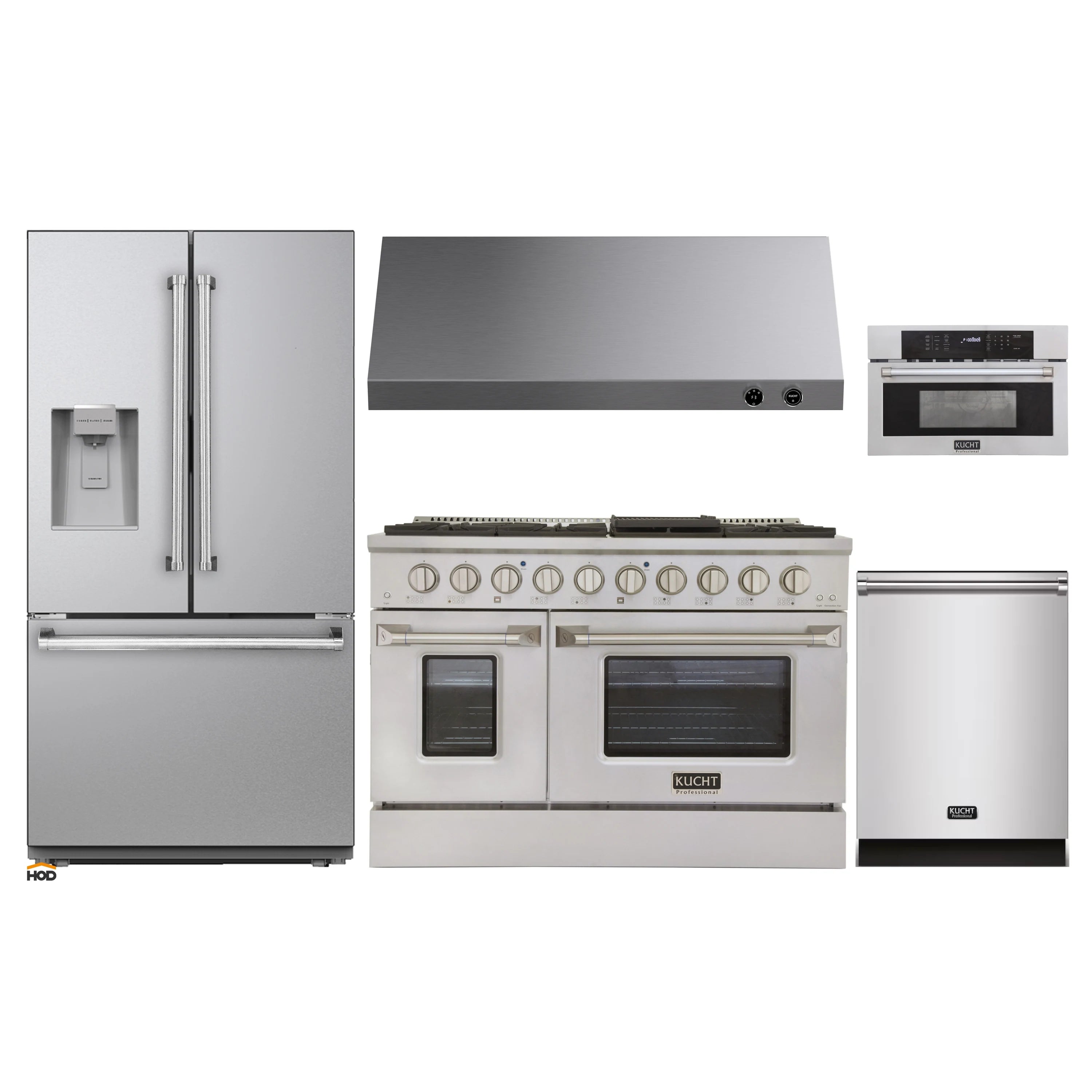Stainless steel appliance package with refrigerator, dual fuel range, and wall oven