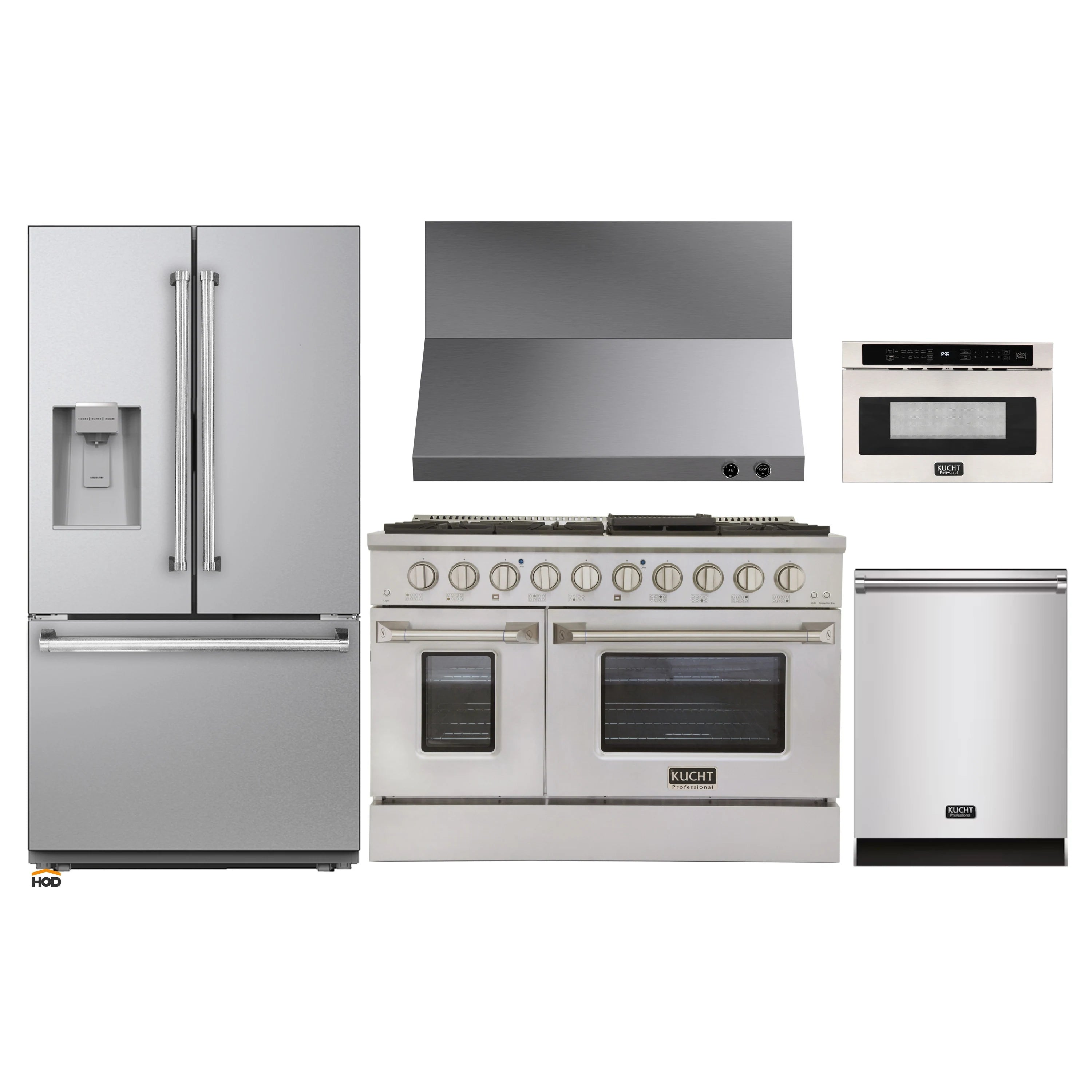 Stainless dual fuel range with four burners, two ovens, and control panel