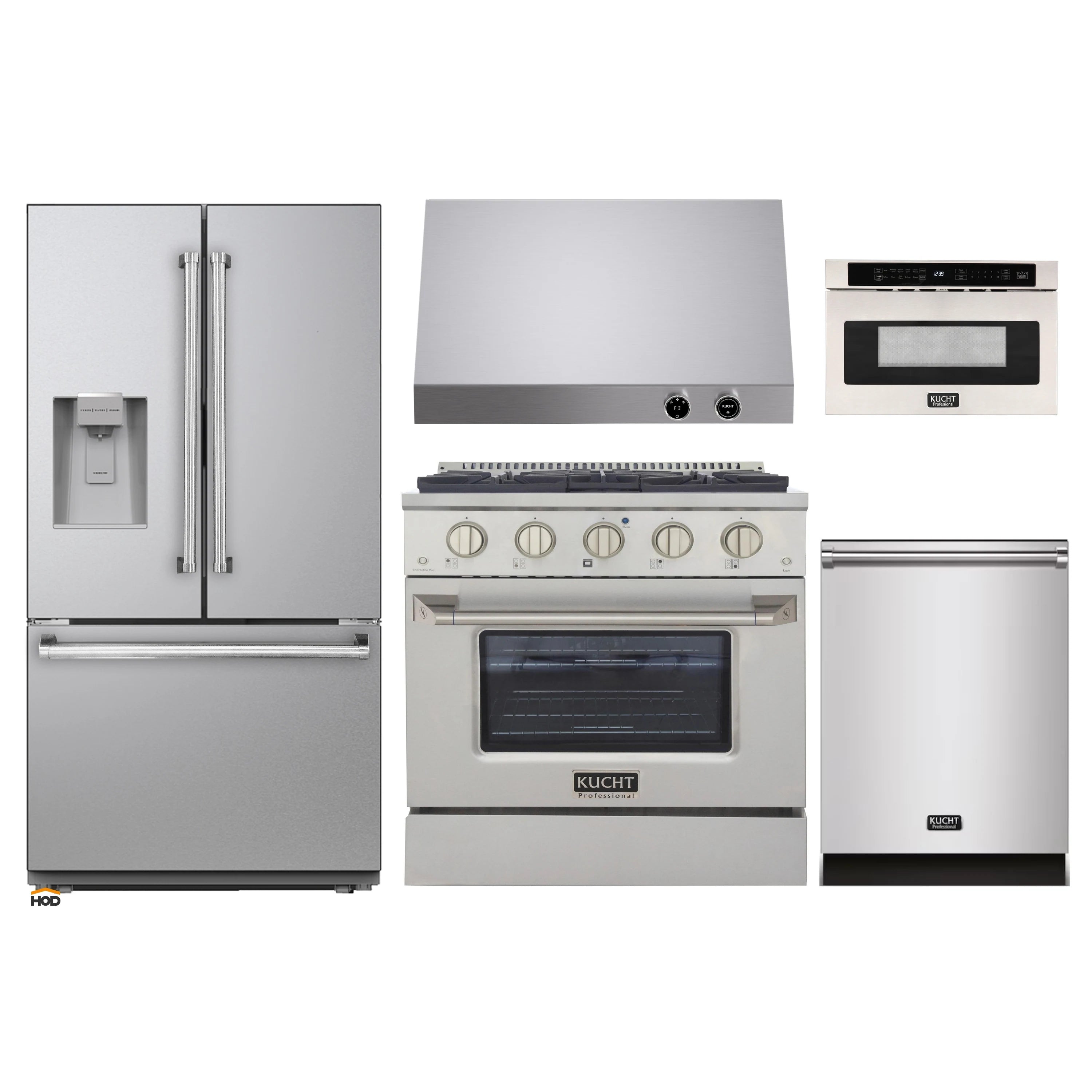 Stainless steel Kucht 5-piece appliance set: refrigerator, range, hood, dishwasher