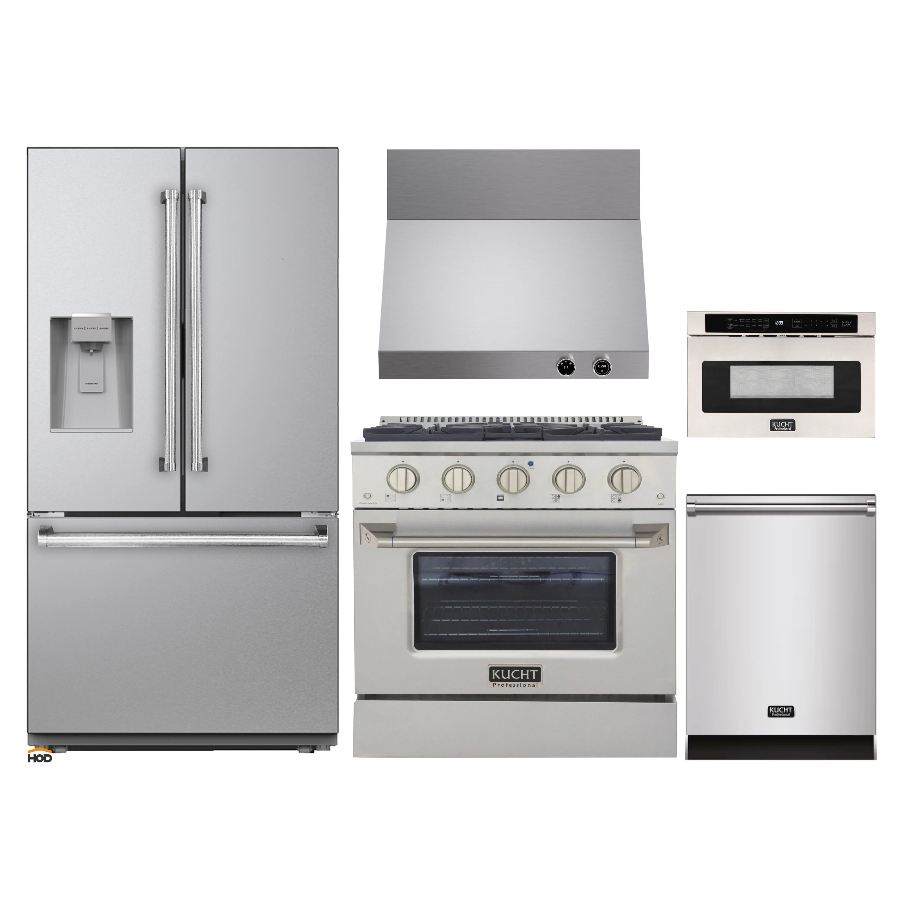 Appliance package layout: stainless refrigerator, gas range, and built-in microwave oven
