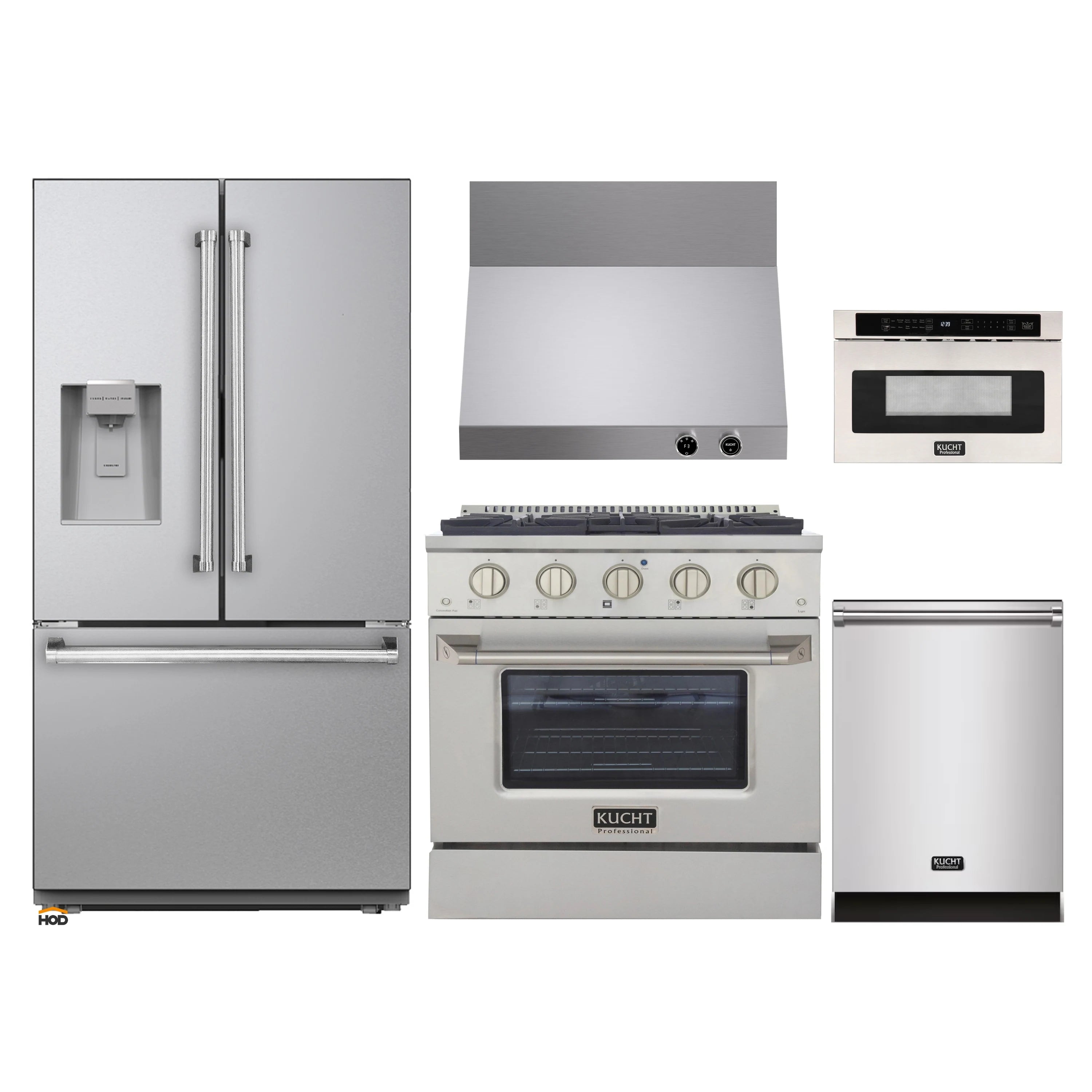 Stainless steel kitchen appliance package with refrigerator, range, dishwasher, hood, microwave drawer