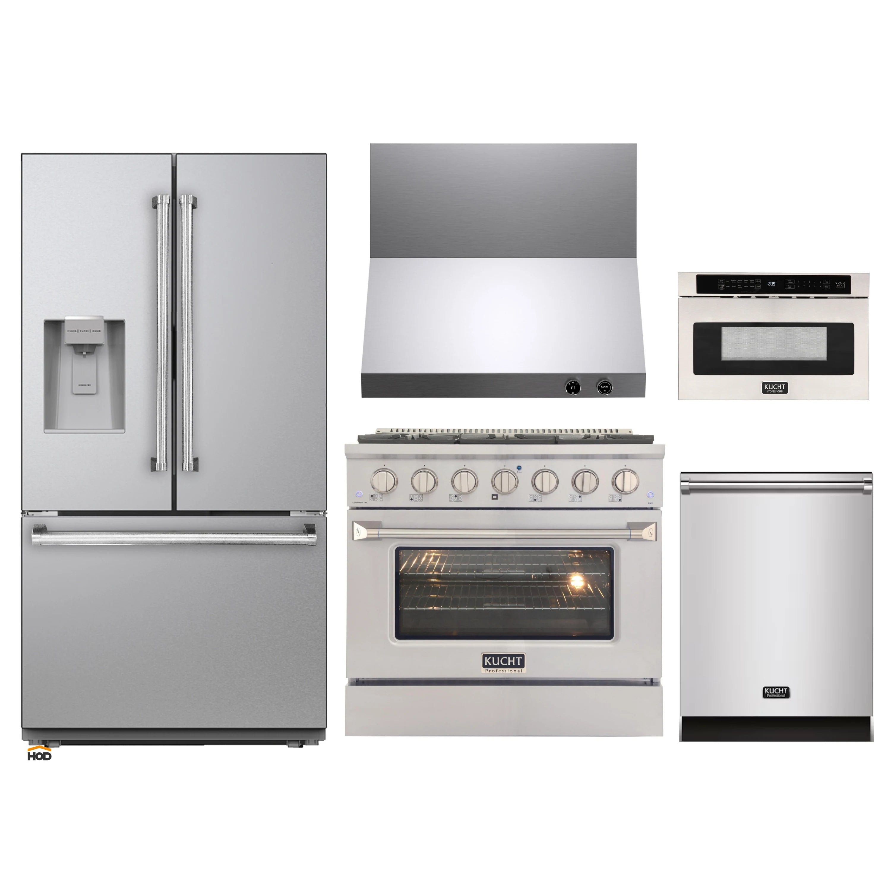 Stainless steel 5-piece kitchen appliance package with refrigerator, range, oven and dishwasher