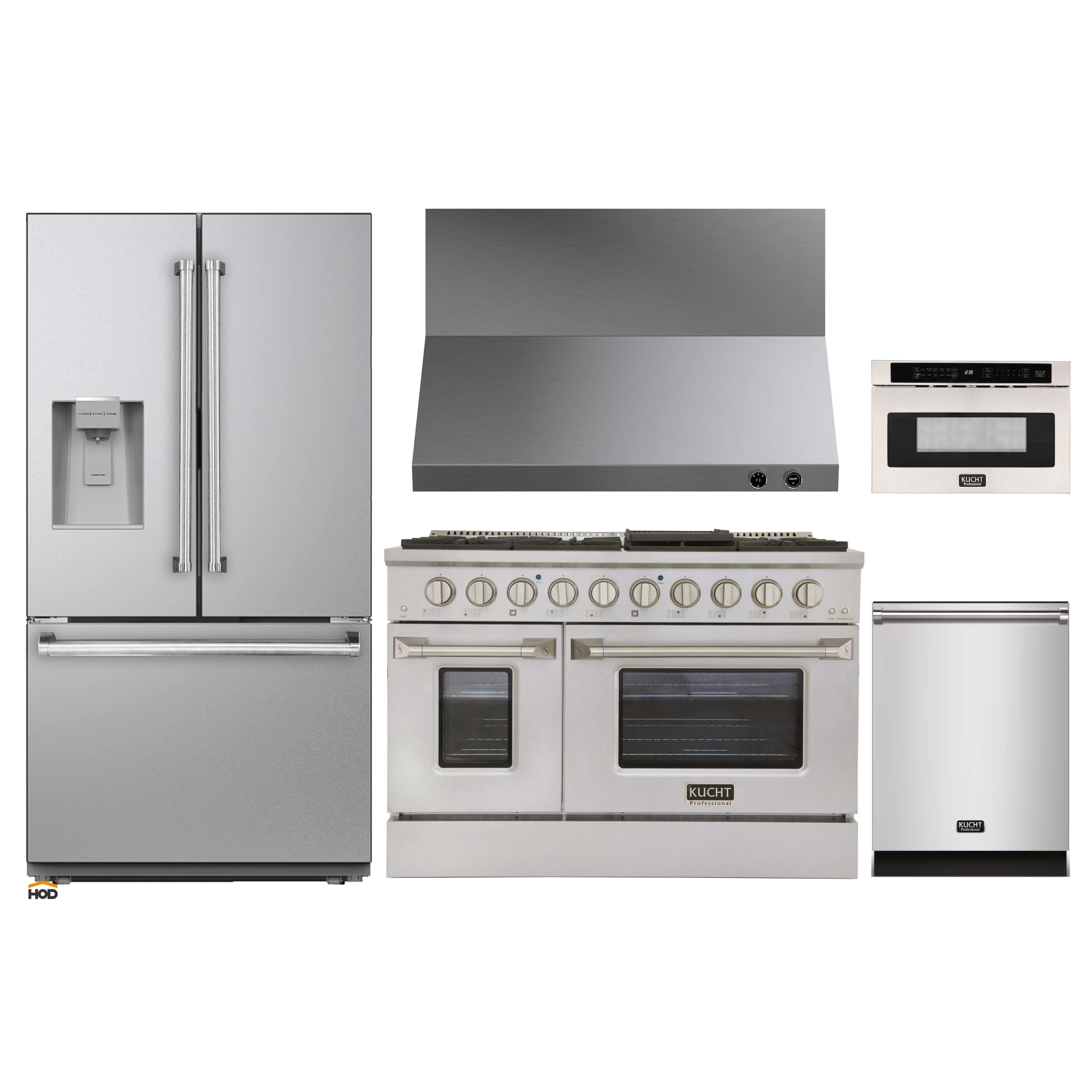 Stainless steel appliance package with refrigerator, gas range, hood, microwave drawer, dishwasher