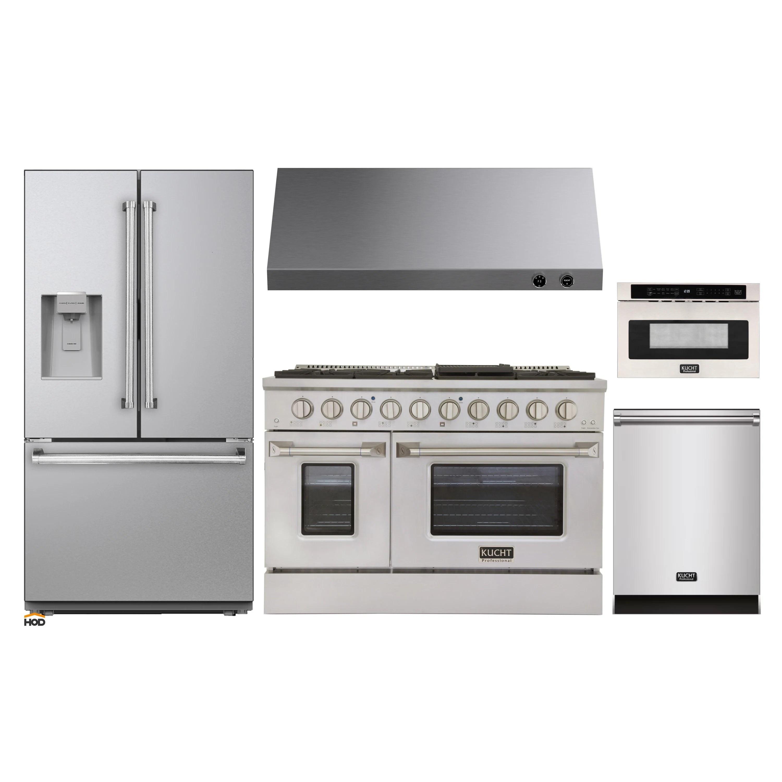 Stainless steel Kucht appliance set with refrigerator, range, dishwasher, and microwave