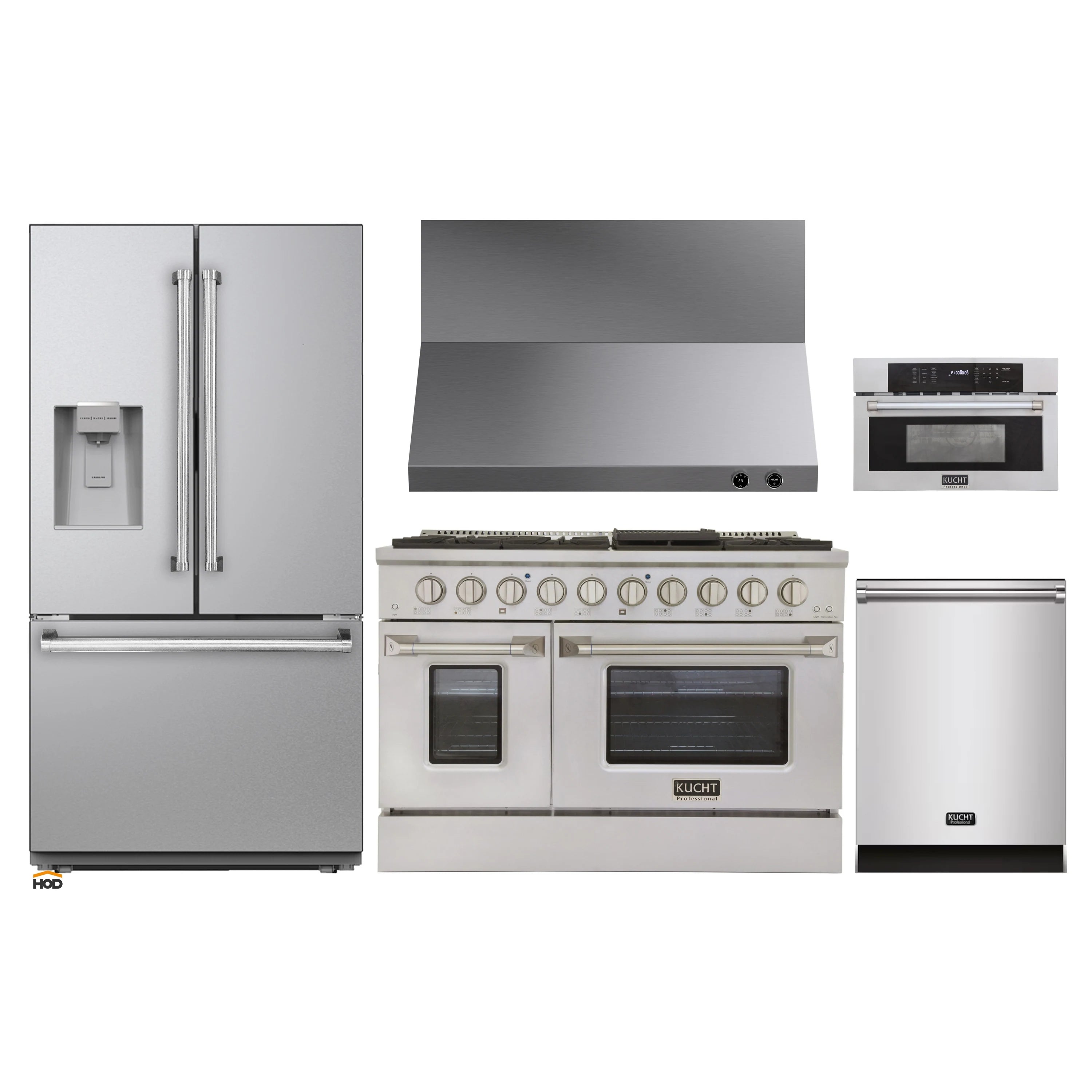 Kucht 5-piece stainless appliance package showing range, wall oven, refrigerator, dishwasher