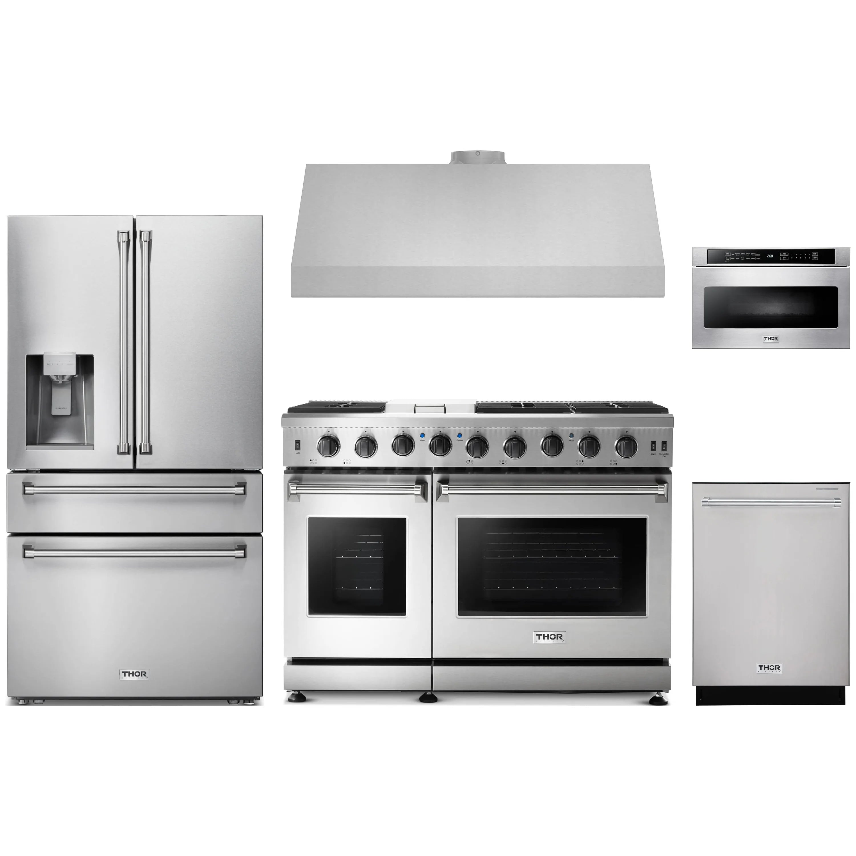 Stainless steel kitchen appliance package with range, refrigerator, hood, dishwasher