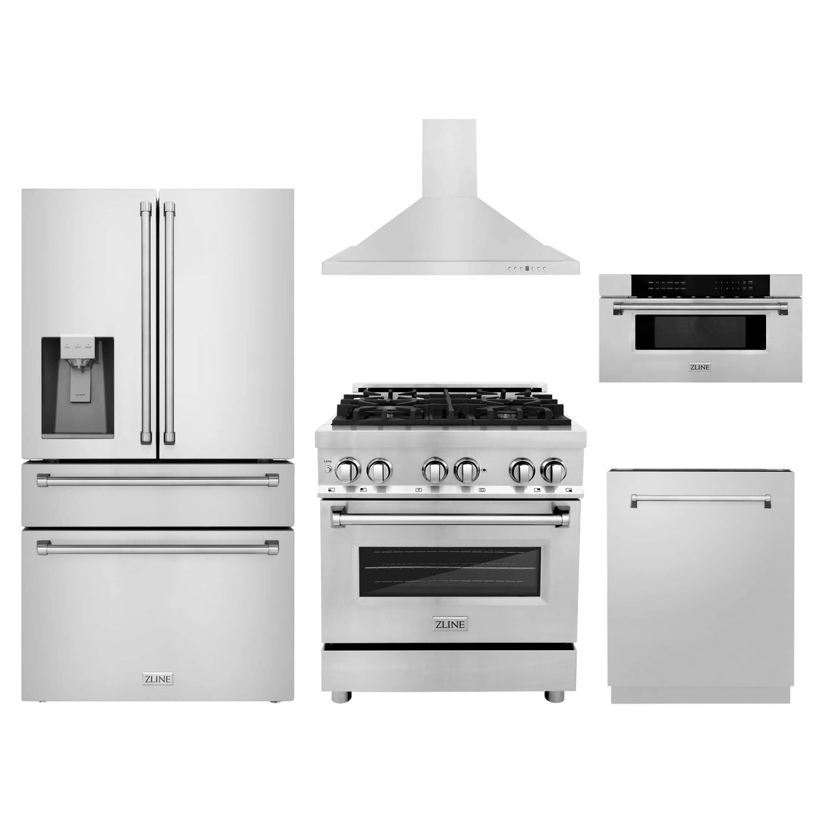 ZLINE 5-Piece Appliance Package - 30-Inch Legacy Dual Fuel Range, Wall Mount Range Hood, 36-Inch French Door Refrigerator with Water Dispenser, Dishwasher, and 30-Inch Microwave Drawer in Stainless Steel