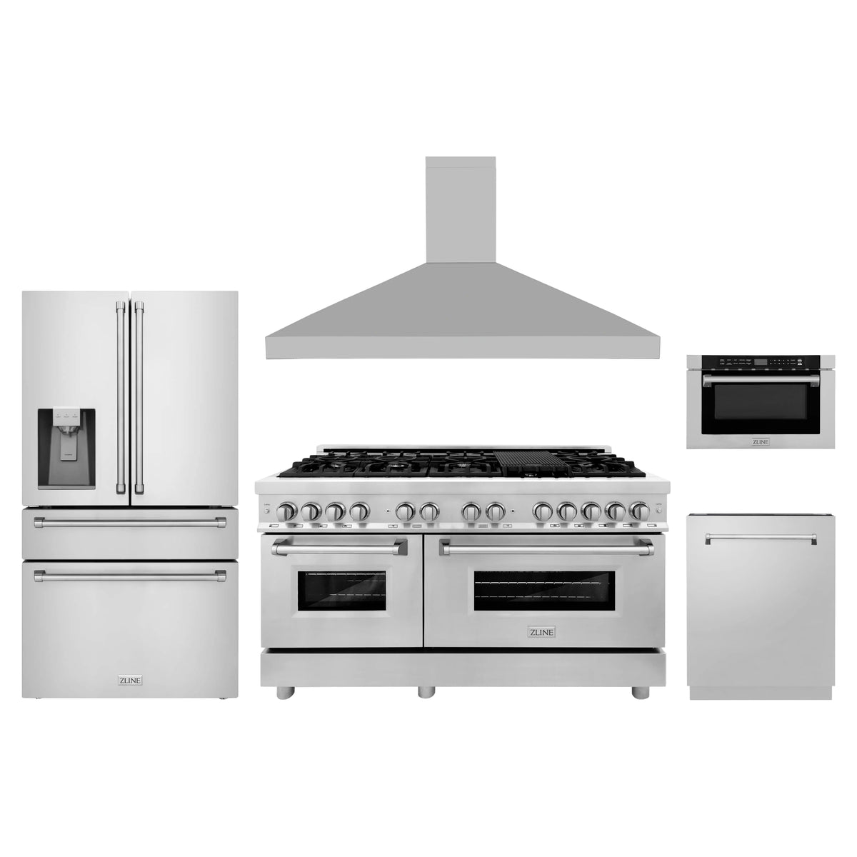 ZLINE 5-Piece Appliance Package - 60-Inch Dual Fuel Range, Refrigerator with Water Dispenser, Convertible Wall Mount Hood, Microwave Drawer, and 3-Rack Dishwasher in Stainless Steel