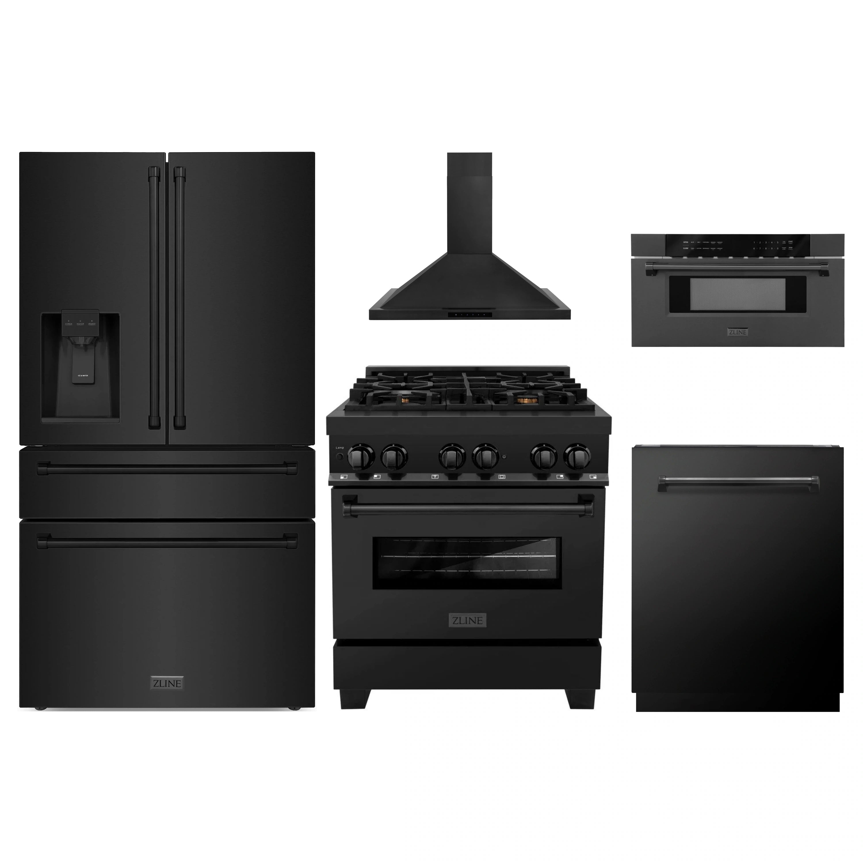Black appliance package set: French door refrigerator, dual-fuel range, hood, dishwasher, microwave