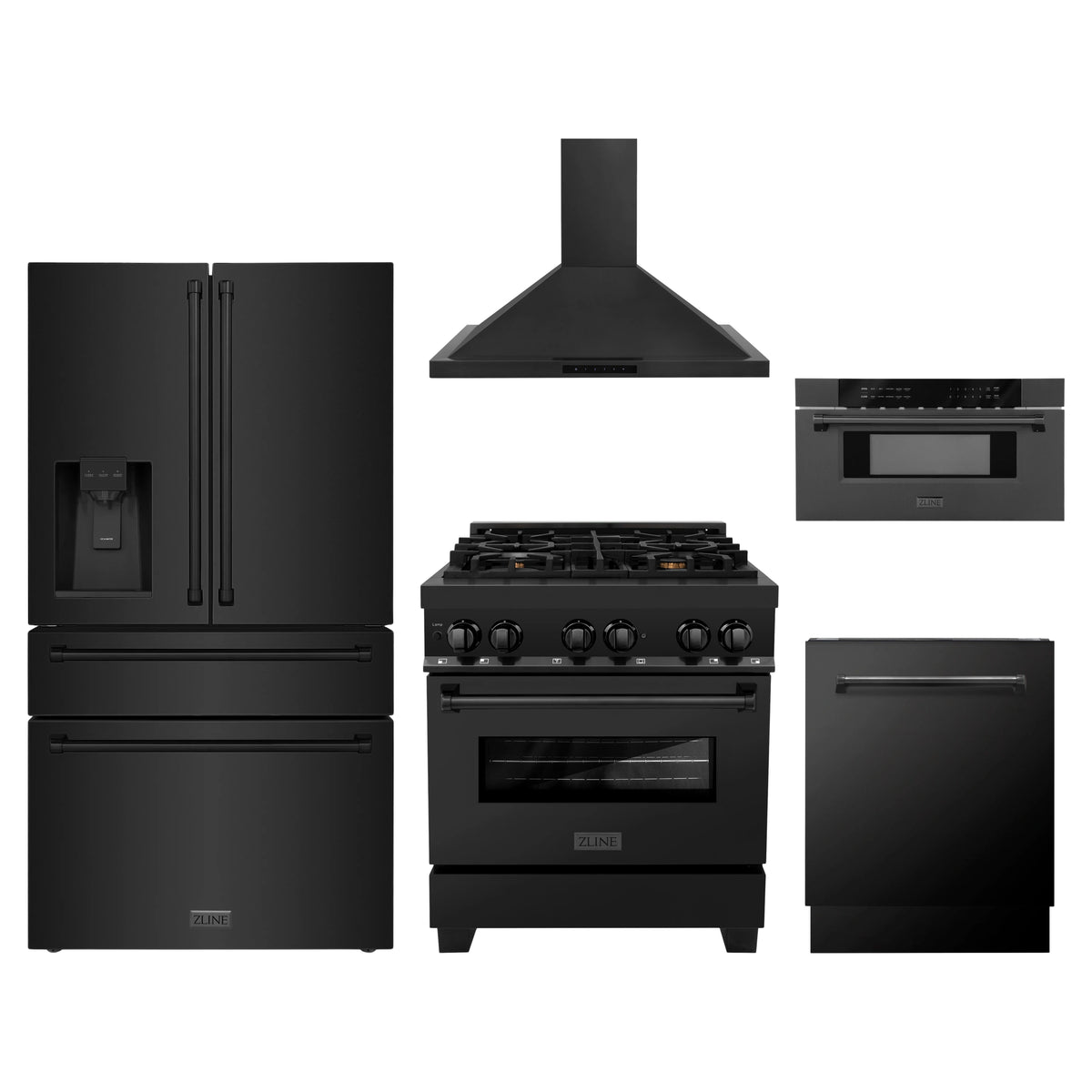 ZLINE 5-Piece Appliance Package - 30-Inch Legacy Dual Fuel Range, Wall Mount Range Hood, 36-Inch French Door Refrigerator with Water Dispenser, Dishwasher, and 30-Inch Microwave Drawer in Black Stainless Steel