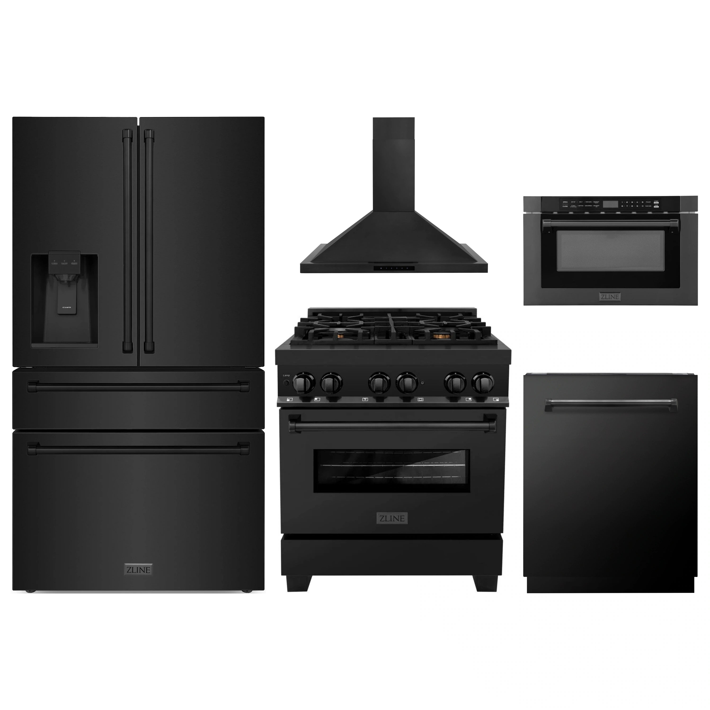 Black stainless appliance bundle with refrigerator, range, hood, oven, and microwave drawer