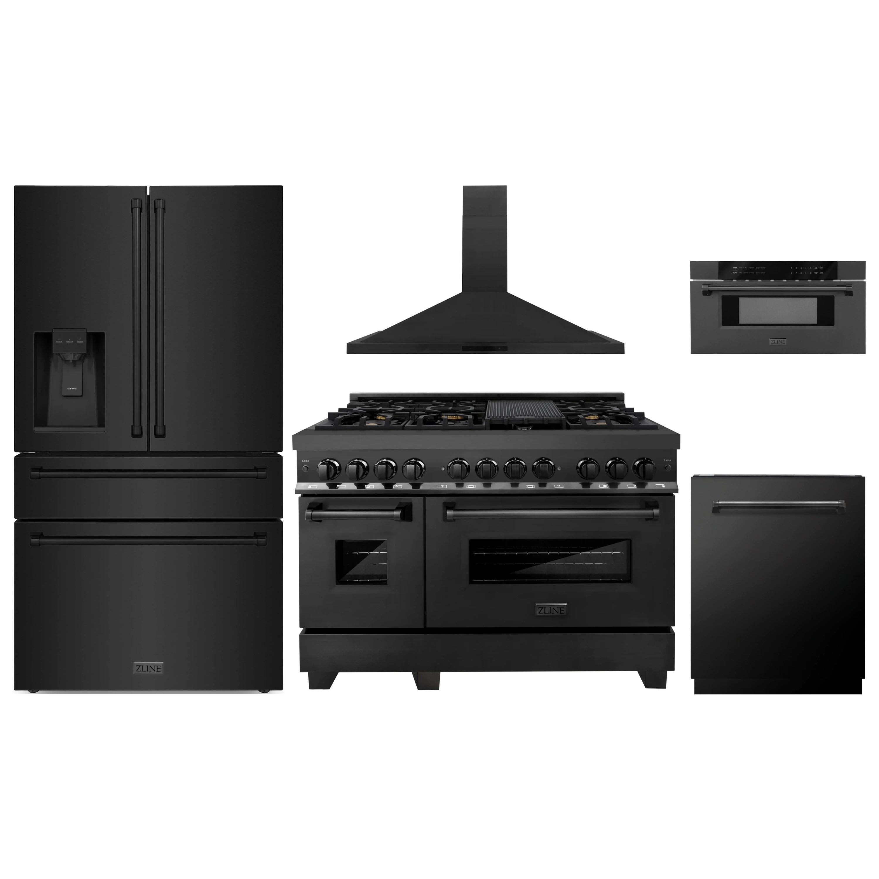 Black stainless steel appliance set: range, hood, refrigerator, dishwasher, microwave