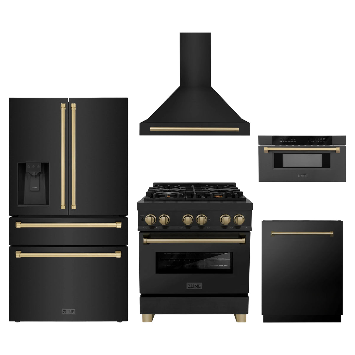 ZLINE 5-Piece Appliance Package - 30-Inch Legacy Dual Fuel Range, Wall Mount Range Hood, 36-Inch French Door Refrigerator with Water Dispenser, Dishwasher, and 30-Inch Microwave Drawer in Black Stainless Steel with Champagne Bronze Accents