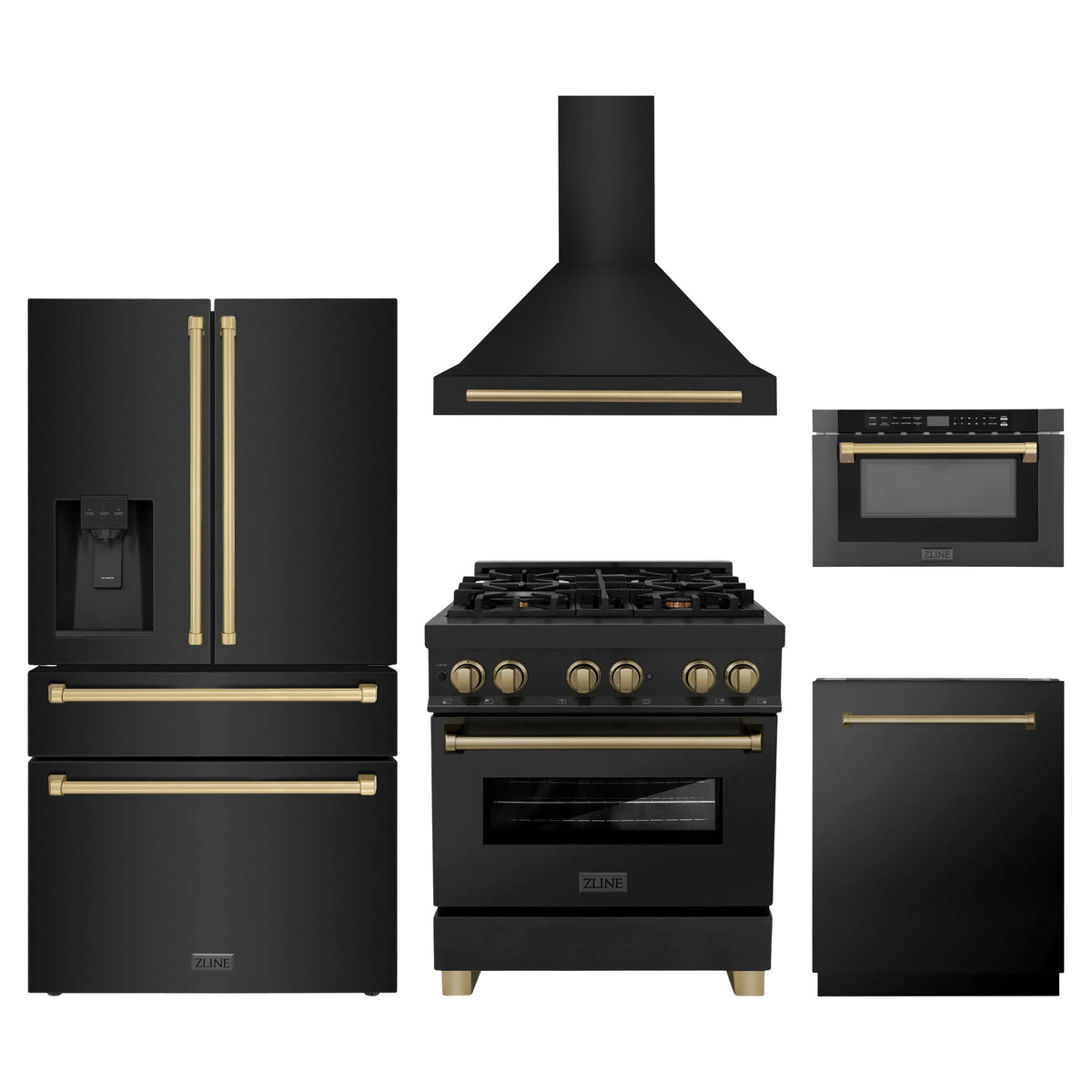 ZLINE 5-Piece Appliance Package - 30-Inch Legacy Dual Fuel Range, Wall Mount Range Hood, 36-Inch French Door Refrigerator with Water Dispenser, Dishwasher, and 24-Inch Microwave Drawer in Black Stainless Steel with Champagne Bronze Accents