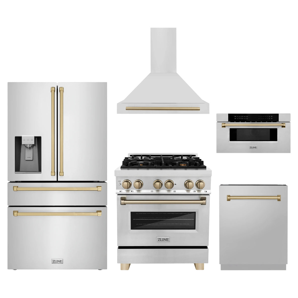 ZLINE 5-Piece Appliance Package - 30-Inch Legacy Autograph Dual Fuel Range, Wall Mount Range Hood, 36-Inch French Door Refrigerator with Water Dispenser, Dishwasher, and 30-Inch Microwave Drawer in Stainless Steel with Champagne Bronze Accents
