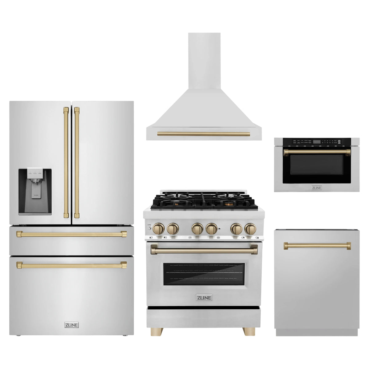 ZLINE 5-Piece Appliance Package - 30-Inch Legacy Autograph Dual Fuel Range, Wall Mount Range Hood, 36-Inch French Door Refrigerator with Water Dispenser, Dishwasher, and 24-Inch Microwave Drawer in Stainless Steel with Champagne Bronze Accents