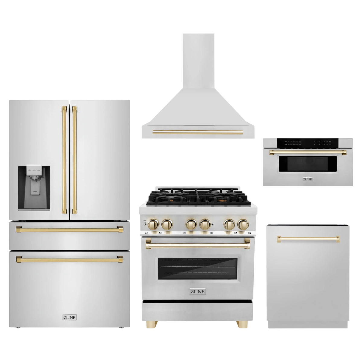 ZLINE 5-Piece Appliance Package - 30-Inch Legacy Autograph Dual Fuel Range, Wall Mount Range Hood, 36-Inch French Door Refrigerator with Water Dispenser, Dishwasher, and 30-Inch Microwave Drawer in Stainless Steel with Gold Accents