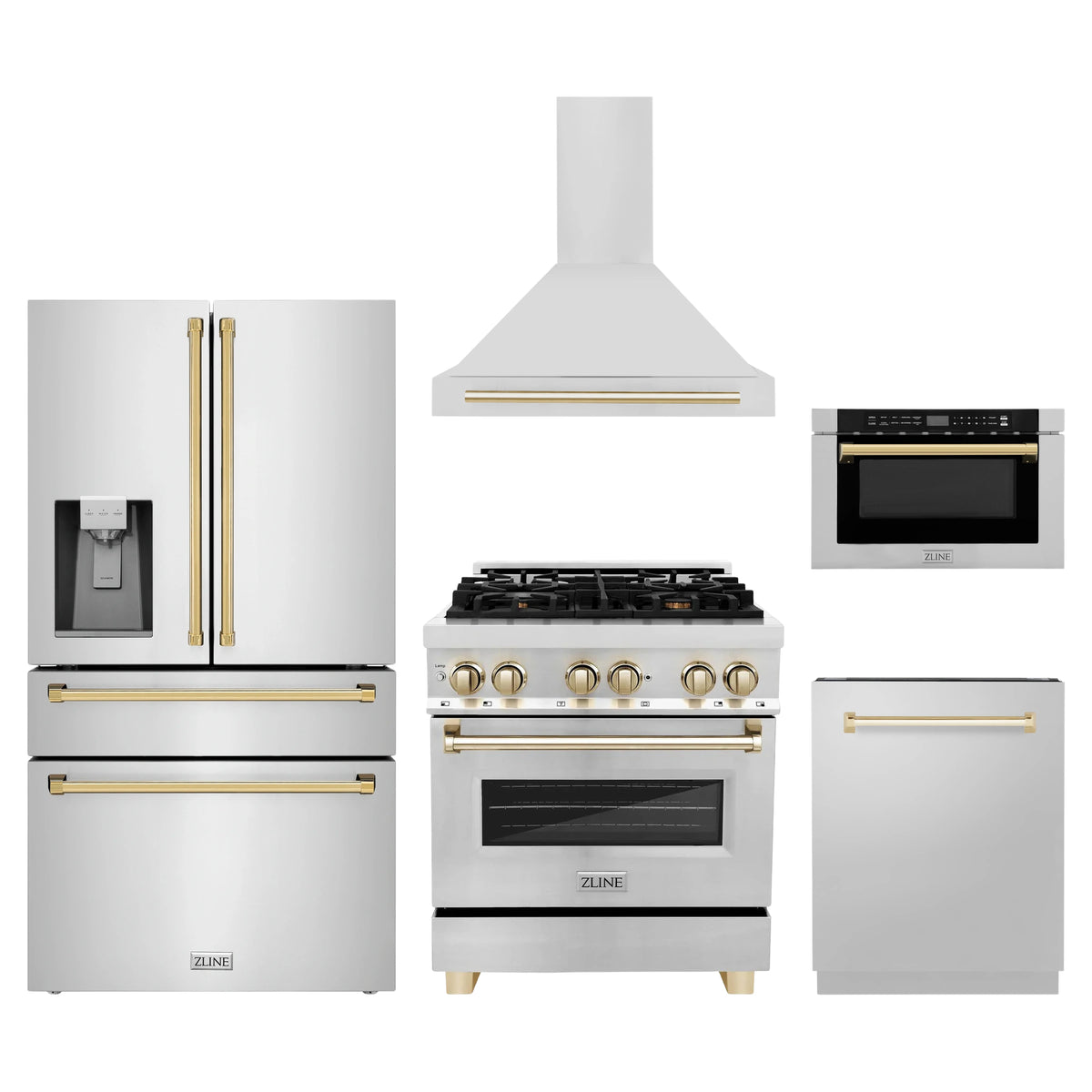 ZLINE 5-Piece Appliance Package - 30-Inch Legacy Autograph Dual Fuel Range, Wall Mount Range Hood, 36-Inch French Door Refrigerator with Water Dispenser, Dishwasher, and 24-Inch Microwave Drawer in Stainless Steel with Gold Accents