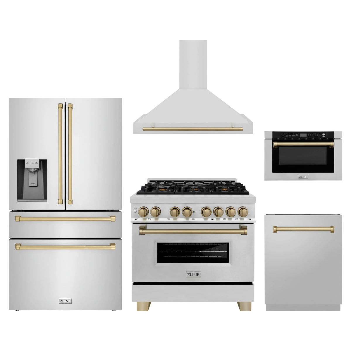 ZLINE 5-Piece Appliance Package - 36-Inch Legacy Autograph Dual Fuel Range, Wall Mount Range Hood, 36-Inch French Door Refrigerator with Water Dispenser, Dishwasher, and 24-Inch Microwave Drawer in Stainless Steel with Champagne Bronze Accents