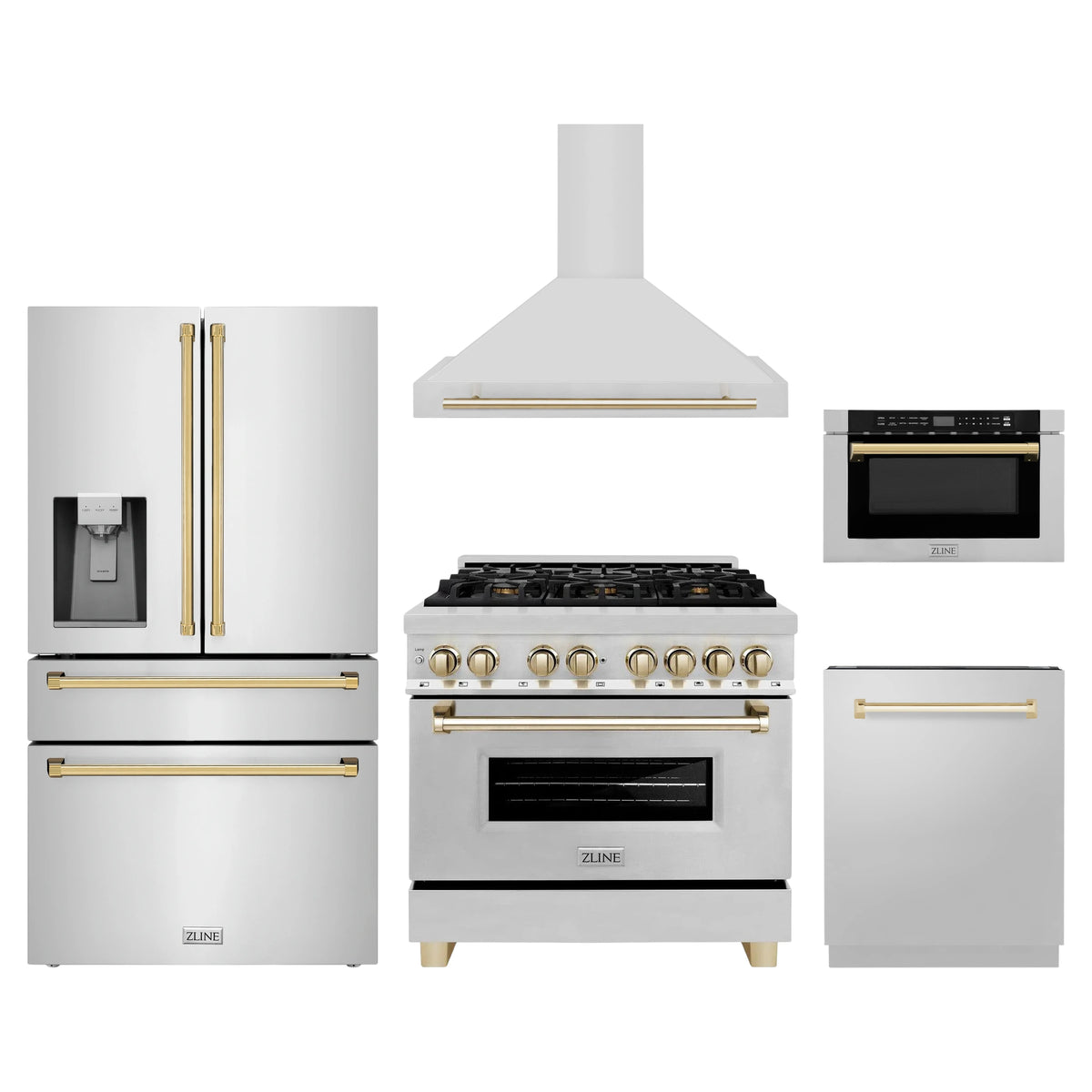 ZLINE 5-Piece Appliance Package - 36-Inch Legacy Autograph Dual Fuel Range, Wall Mount Range Hood, 36-Inch French Door Refrigerator with Water Dispenser, Dishwasher, and 24-Inch Microwave Drawer in Stainless Steel with Gold Accents