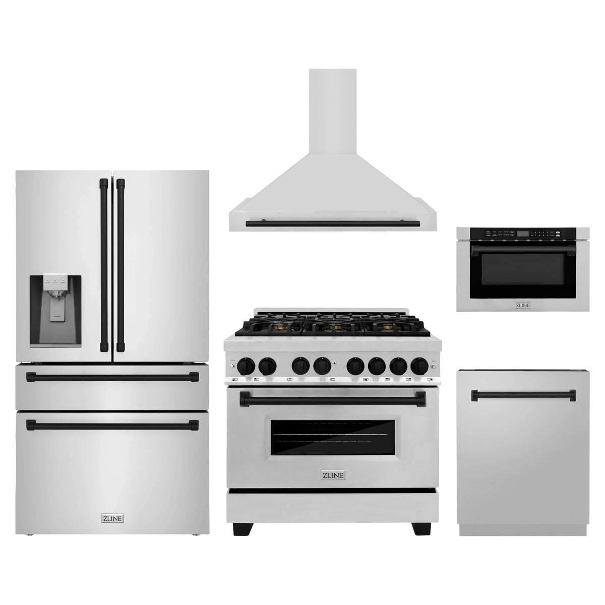 ZLINE 5-Piece Appliance Package - 36-Inch Legacy Autograph Dual Fuel Range, Wall Mount Range Hood, 36-Inch French Door Refrigerator with Water Dispenser, Dishwasher, and 24-Inch Microwave Drawer in Stainless Steel with Matte Black Accents