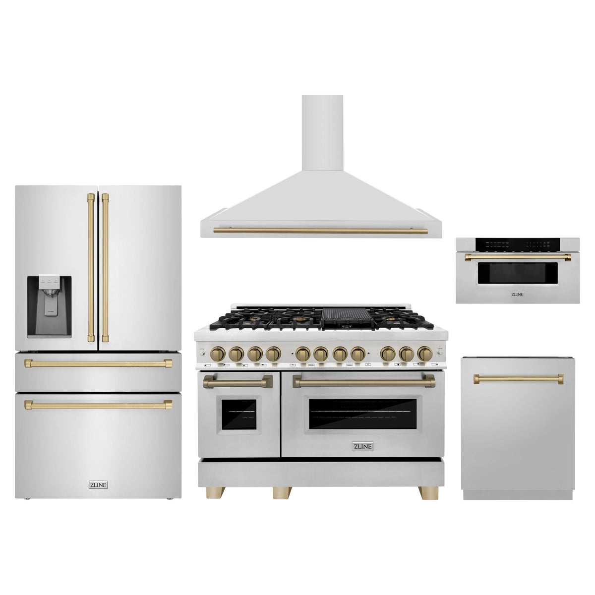 ZLINE 5-Piece Appliance Package - 48-Inch Legacy Autograph Dual Fuel Range, Wall Mount Range Hood, 36-Inch French Door Refrigerator with Water Dispenser, Dishwasher, and 30-Inch Microwave Drawer in Stainless Steel with Champagne Bronze Accents