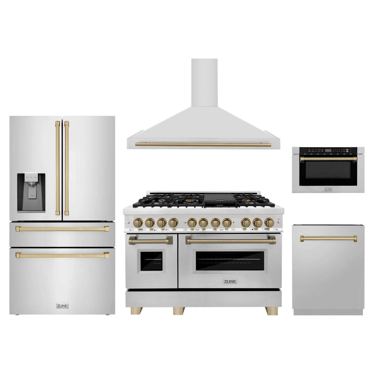 ZLINE 5-Piece Appliance Package - 48-Inch Legacy Autograph Dual Fuel Range, Wall Mount Range Hood, 36-Inch French Door Refrigerator with Water Dispenser, Dishwasher, and 24-Inch Microwave Drawer in Stainless Steel with Champagne Bronze Accents
