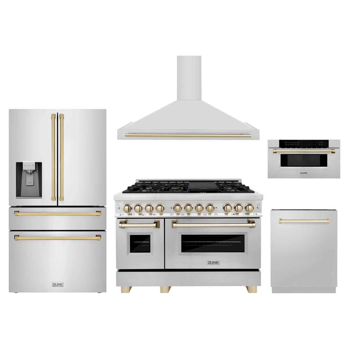 ZLINE 5-Piece Appliance Package - 48-Inch Legacy Autograph Dual Fuel Range, Wall Mount Range Hood, 36-Inch French Door Refrigerator with Water Dispenser, Dishwasher, and 30-Inch Microwave Drawer in Stainless Steel with Gold Accents