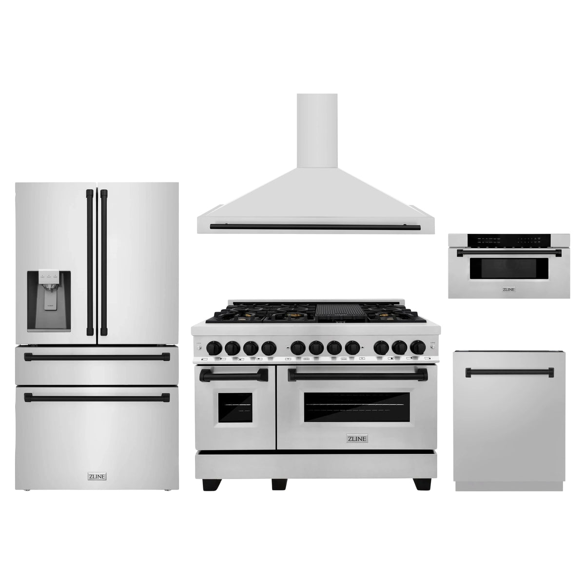 ZLINE 5-Piece Appliance Package - 48-Inch Legacy Autograph Dual Fuel Range, Wall Mount Range Hood, 36-Inch French Door Refrigerator with Water Dispenser, Dishwasher, and 30-Inch Microwave Drawer in Stainless Steel with Matte Black Accents