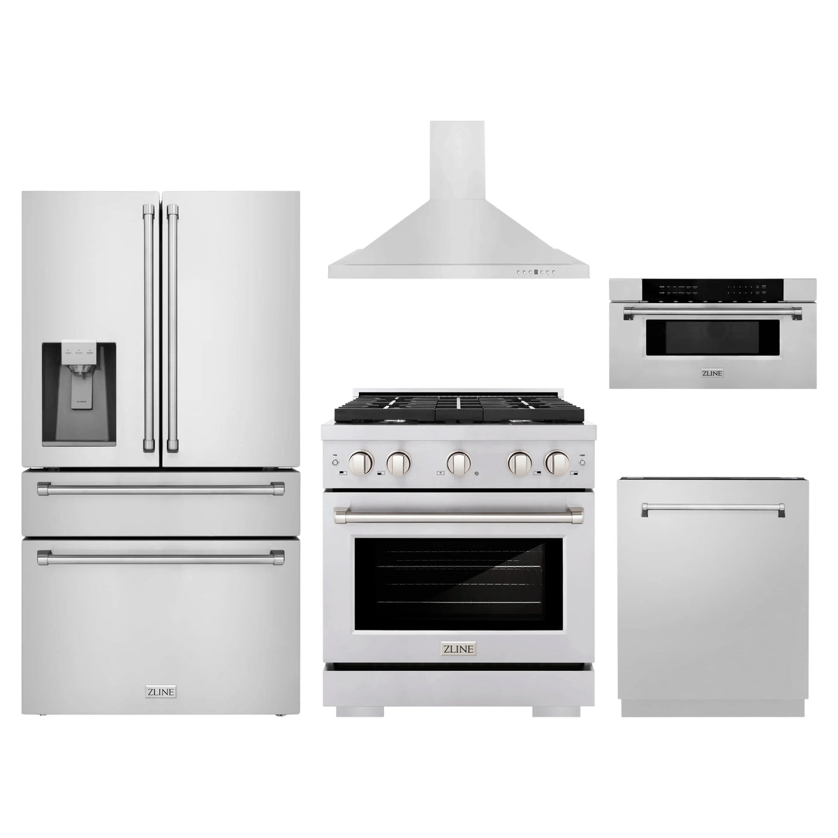 ZLINE 5-Piece Appliance Package - 30-Inch Paramount Dual Fuel Range, Wall Mount Range Hood, 36-Inch French Door Refrigerator with Water Dispenser, Dishwasher, and 30-Inch Microwave Drawer in Stainless Steel