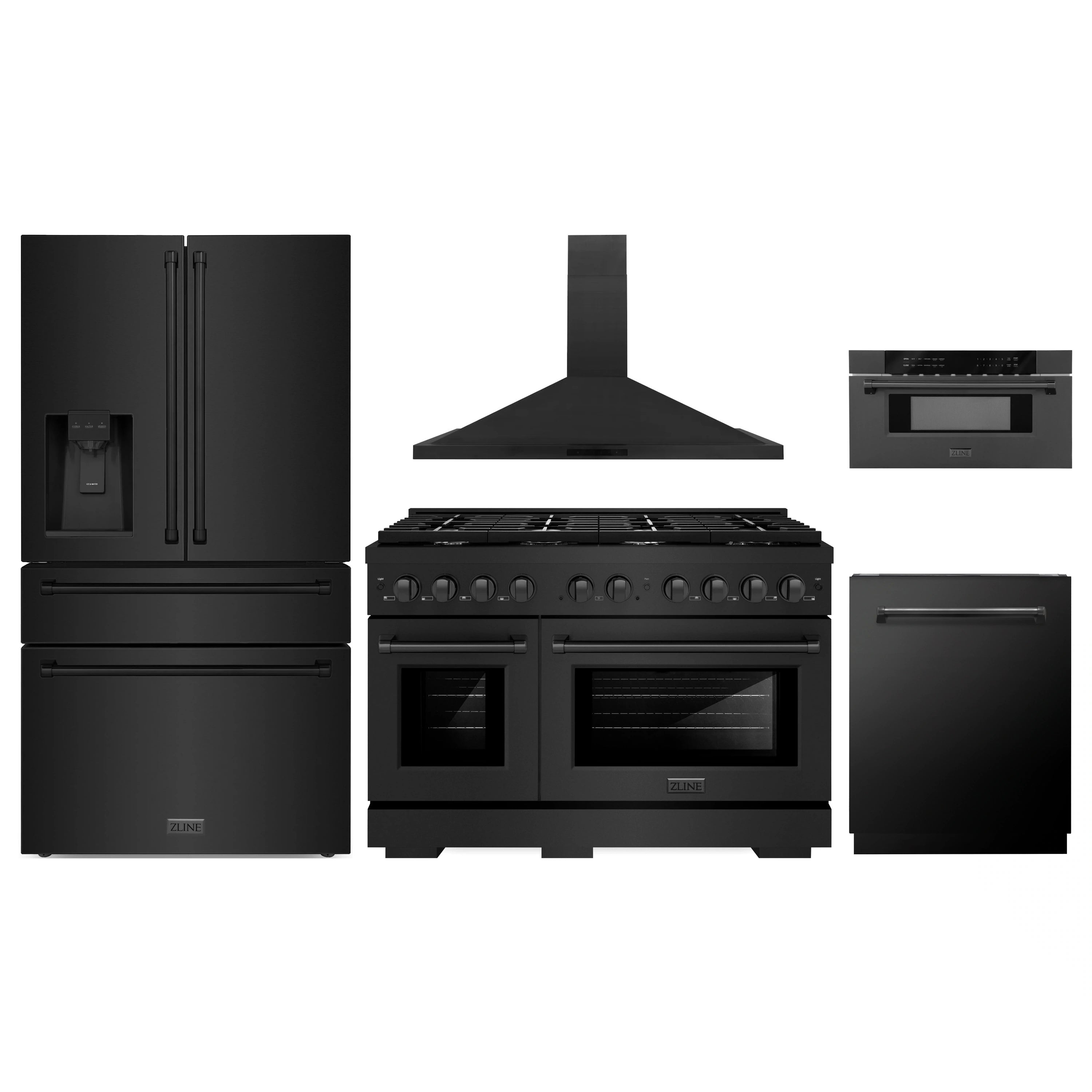 Black stainless 5-piece appliance package with range, hood, refrigerator, dishwasher, microwave