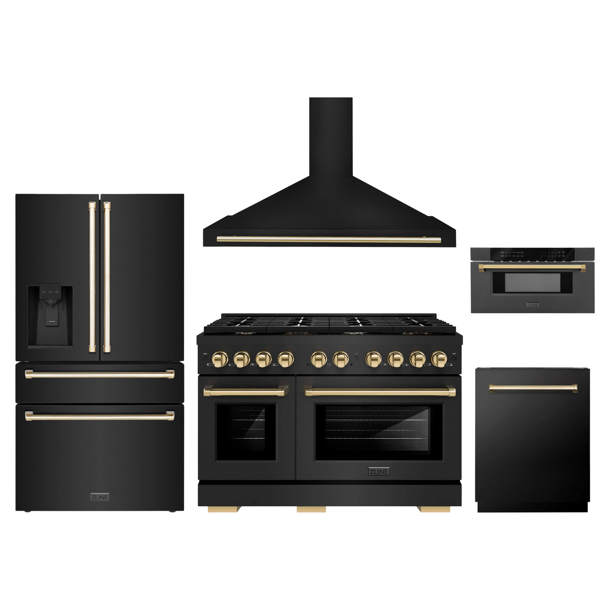 ZLINE 5-Piece Appliance Package - 48-Inch Paramount Dual Fuel Range, Wall Mount Range Hood, 36-Inch French Door Refrigerator with Water Dispenser, Dishwasher, and 30-Inch Microwave Drawer in Black Stainless Steel with Gold Accents