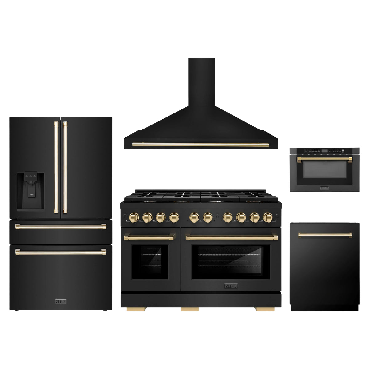 ZLINE 5-Piece Appliance Package - 48-Inch Paramount Dual Fuel Range, Wall Mount Range Hood, 36-Inch French Door Refrigerator with Water Dispenser, Dishwasher, and 24-Inch Microwave Drawer in Black Stainless Steel with Gold Accents