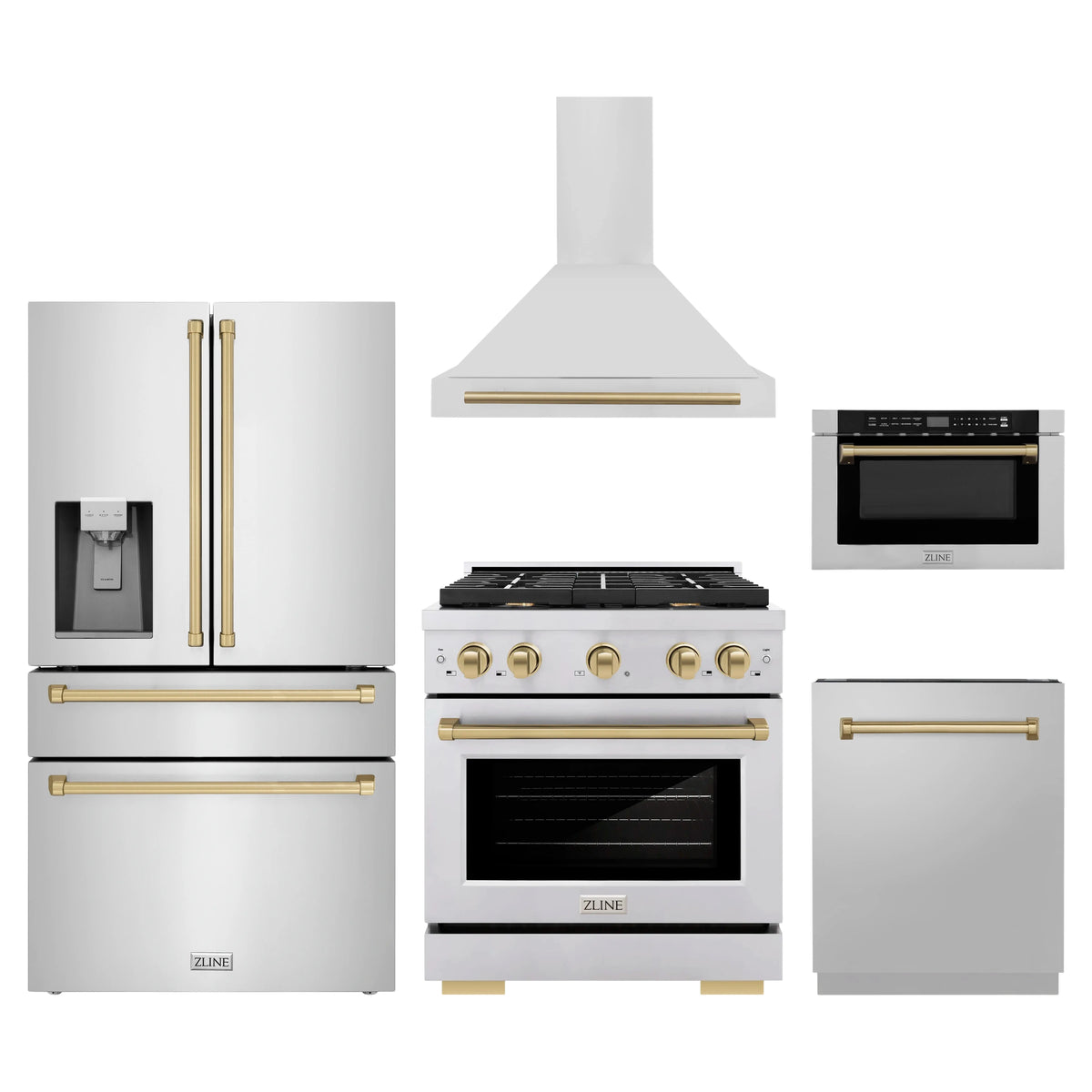 ZLINE 5-Piece Appliance Package - 30-Inch Paramount Autograph Dual Fuel Range, Wall Mount Range Hood, 36-Inch French Door Refrigerator with Water Dispenser, Dishwasher, and 24-Inch Microwave Drawer in Stainless Steel with Champagne Bronze Accents