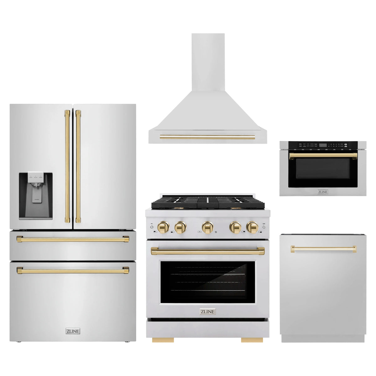 ZLINE 5-Piece Appliance Package - 30-Inch Paramount Autograph Dual Fuel Range, Wall Mount Range Hood, 36-Inch French Door Refrigerator with Water Dispenser, Dishwasher, and 24-Inch Microwave Drawer in Stainless Steel with Gold Accents