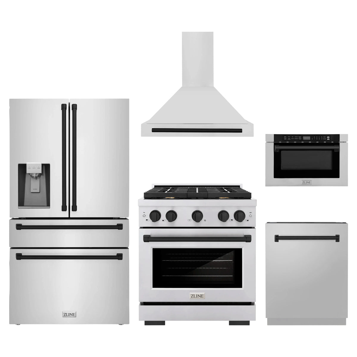 ZLINE 5-Piece Appliance Package - 30-Inch Paramount Autograph Dual Fuel Range, Wall Mount Range Hood, 36-Inch French Door Refrigerator with Water Dispenser, Dishwasher, and 24-Inch Microwave Drawer in Stainless Steel with Matte Black Accents