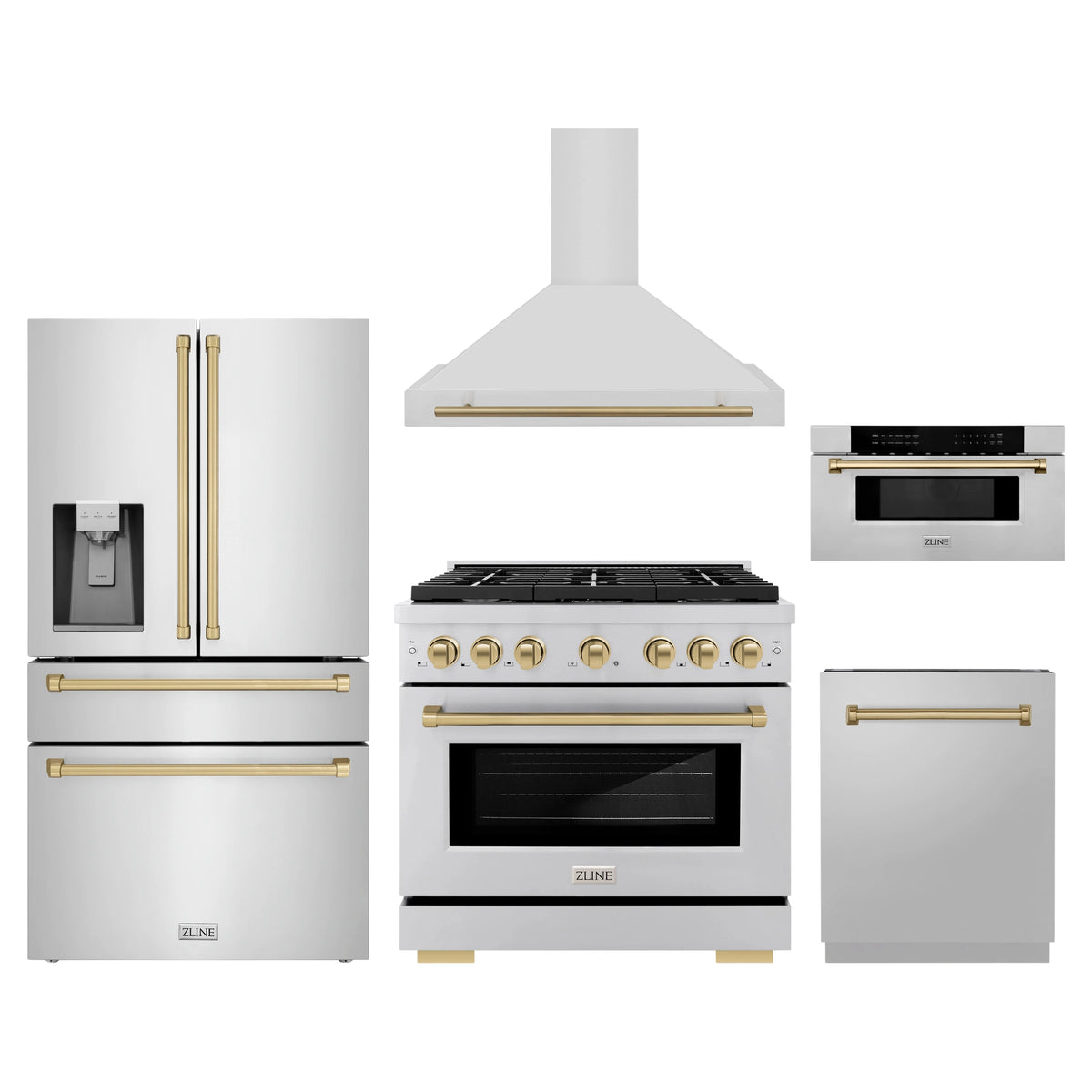ZLINE 5-Piece Appliance Package - 36-Inch Paramount Dual Fuel Range, Wall Mount Range Hood, 36-Inch French Door Refrigerator with Water Dispenser, Dishwasher, and 30-Inch Microwave Drawer in Stainless Steel with Champagne Bronze Accents
