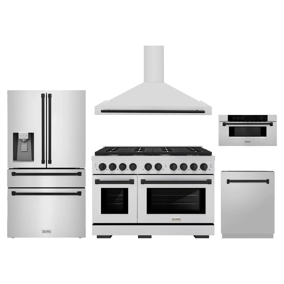ZLINE 5-Piece Appliance Package - 48-Inch Paramount Dual Fuel Range, Wall Mount Range Hood, 36-Inch French Door Refrigerator with Water Dispenser, Dishwasher, and 30-Inch Microwave Drawer in Stainless Steel with Matte Black Accents