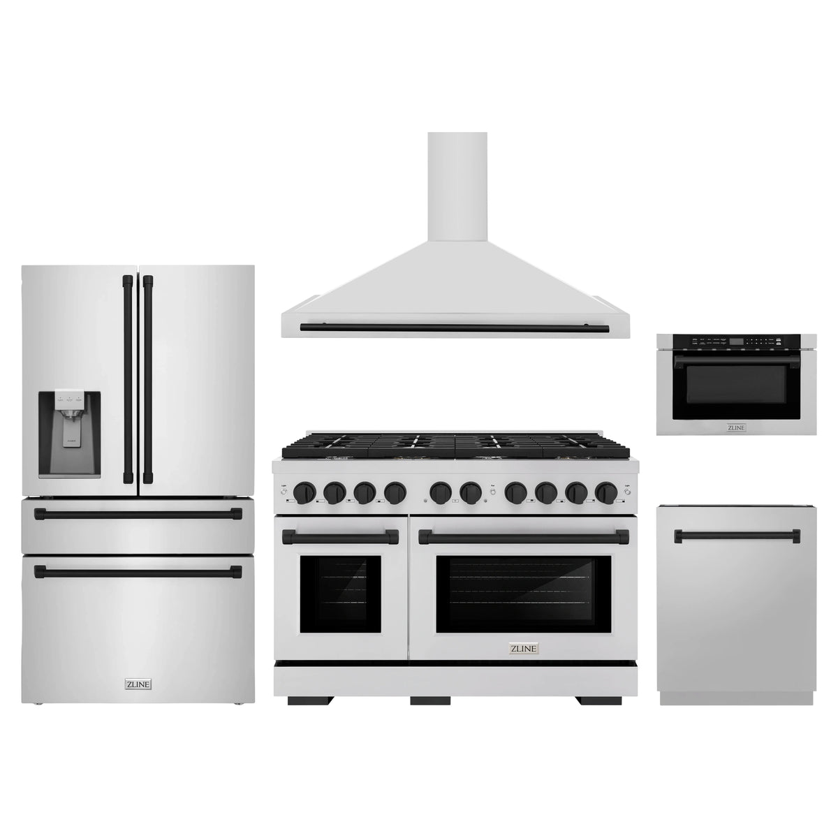 ZLINE 5-Piece Appliance Package - 48-Inch Paramount Autograph Dual Fuel Range, Wall Mount Range Hood, 36-Inch French Door Refrigerator with Water Dispenser, Dishwasher, and 24-Inch Microwave Drawer in Stainless Steel with Matte Black Accents