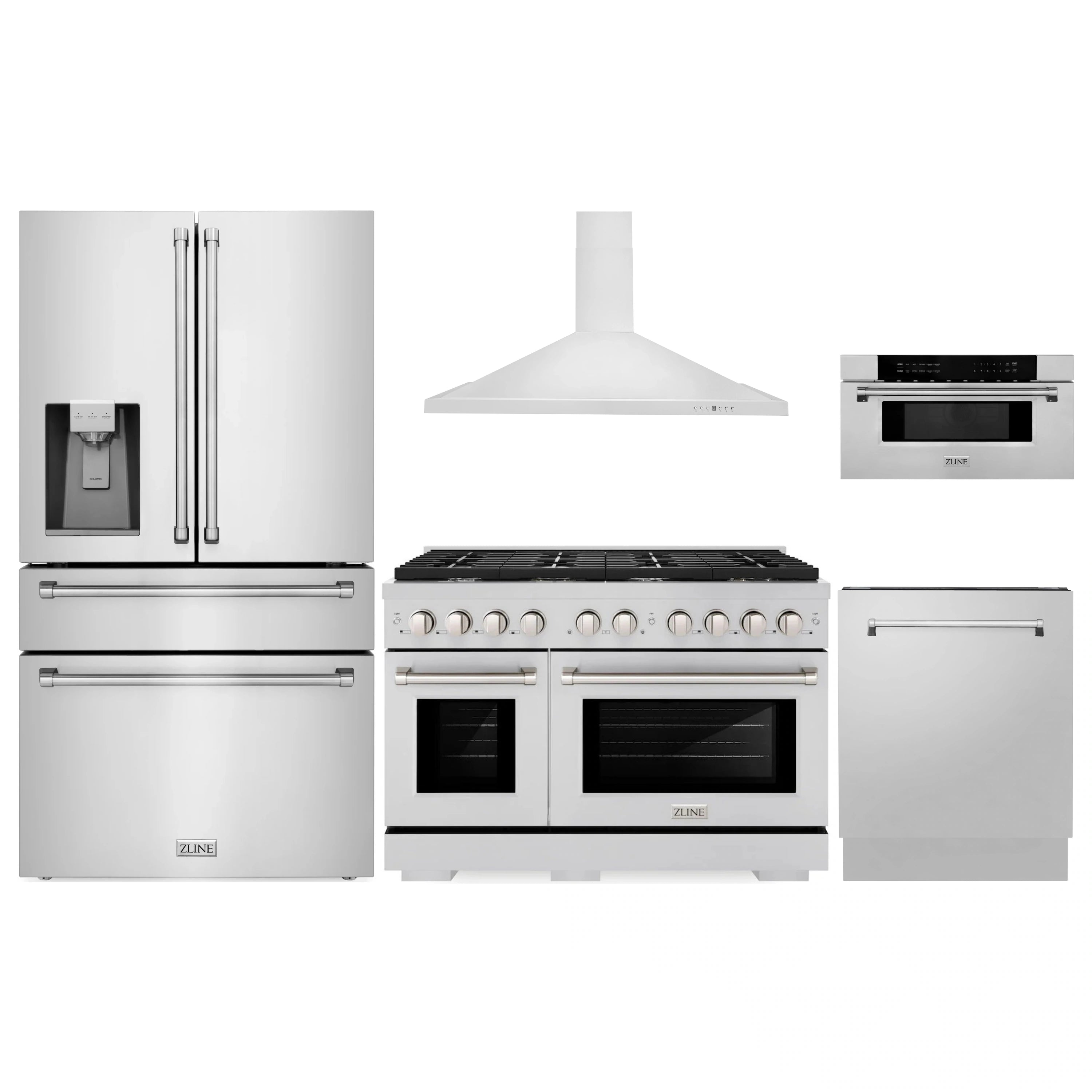 Stainless steel appliance set with refrigerator, gas range, wall hood, dishwasher