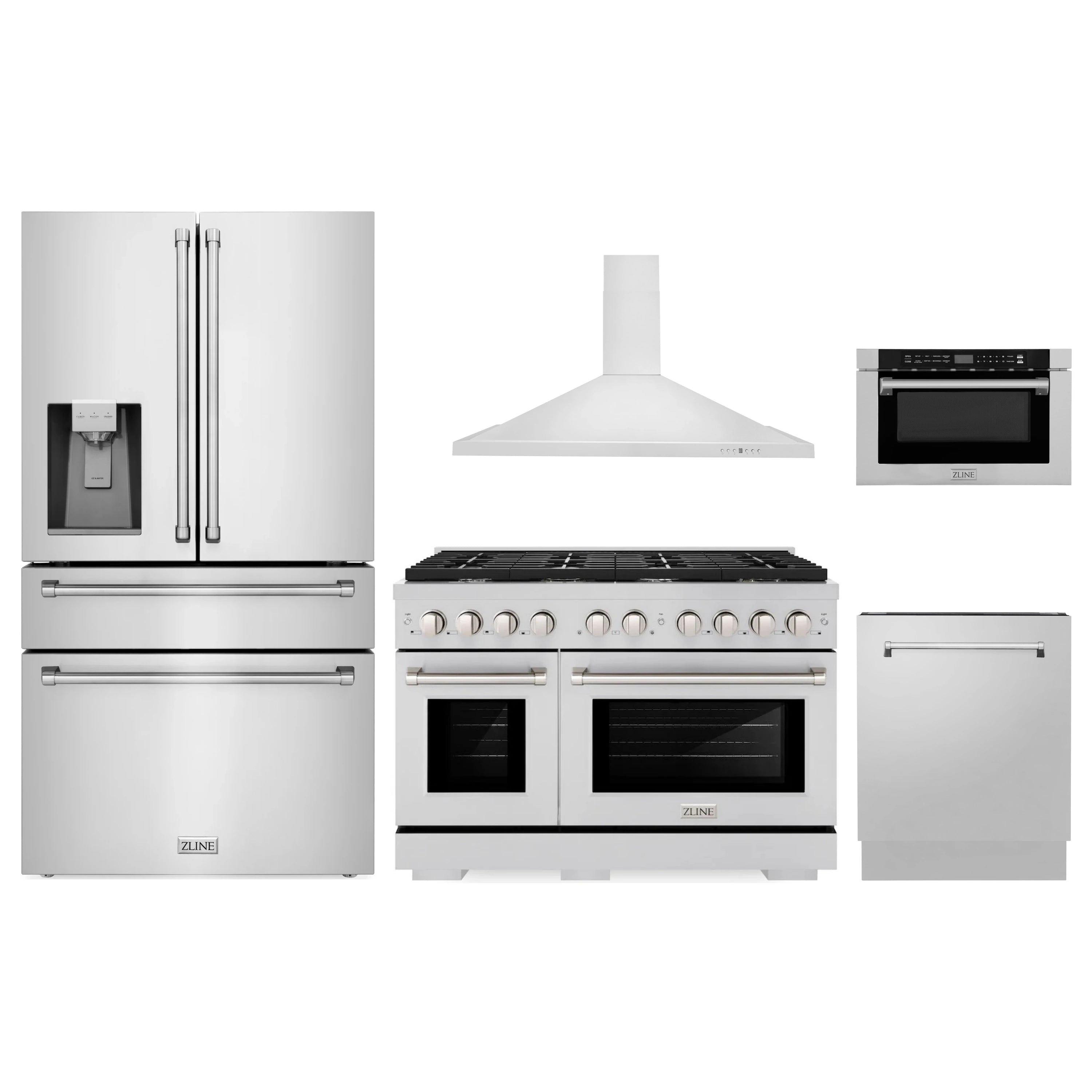 Stainless steel 5-piece appliance package with refrigerator, range, hood, dishwasher, microwave