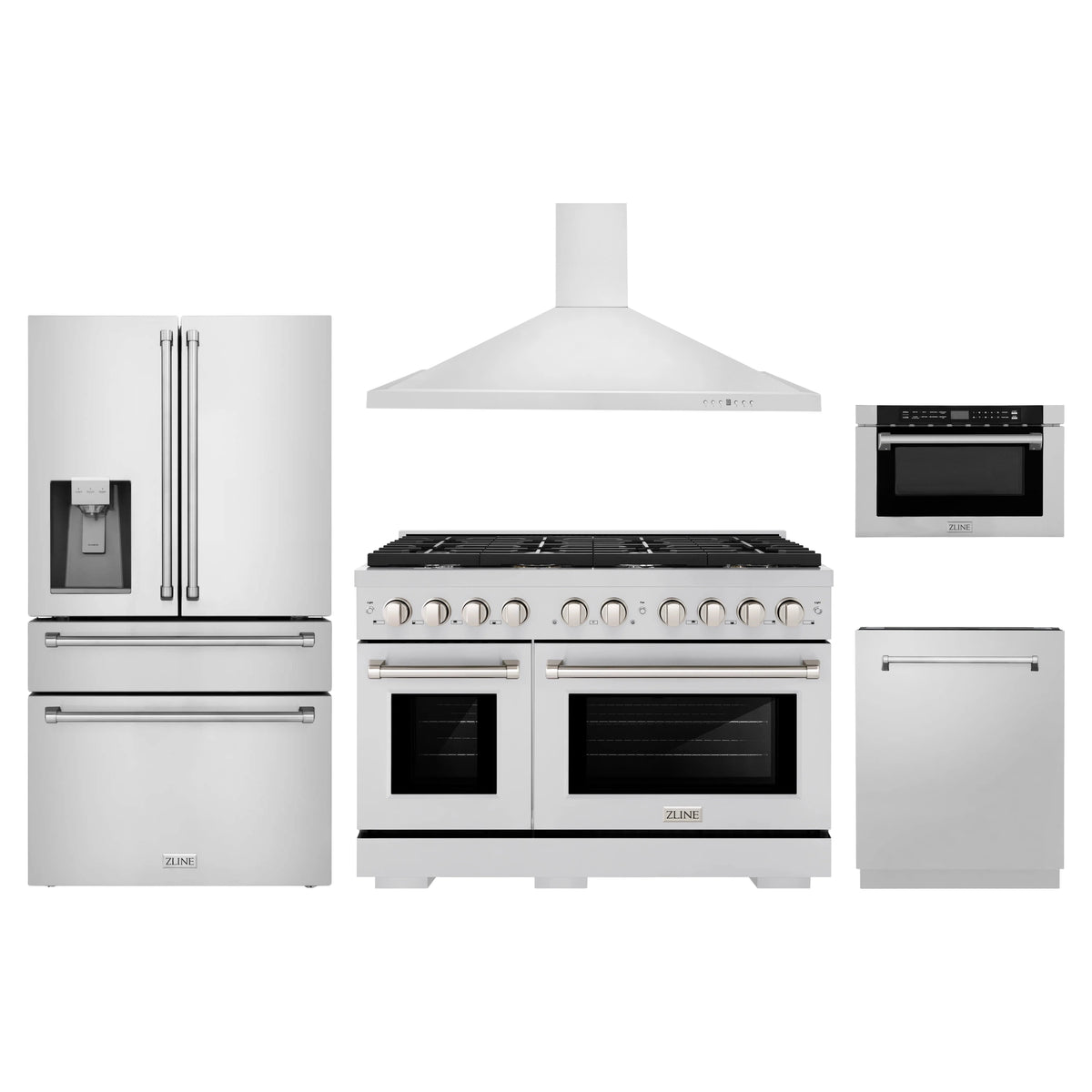 ZLINE 5-Piece Appliance Package - 48-Inch Paramount Gas Range, Wall Mount Range Hood, 36-Inch French Door Refrigerator with Water Dispenser, Dishwasher, and 24-Inch Microwave Drawer in Stainless Steel