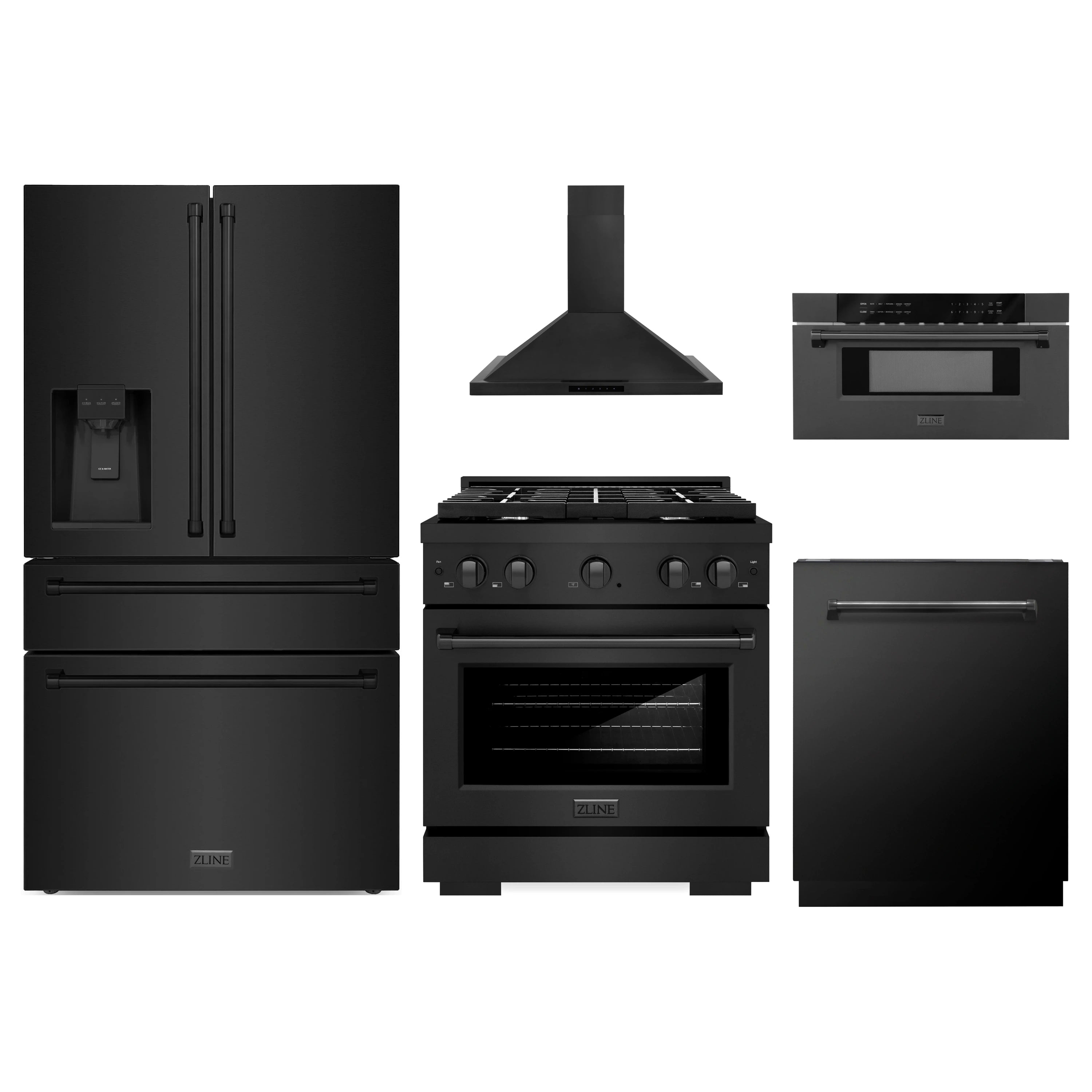 Black stainless appliance package: fridge, gas range, hood, microwave, dishwasher