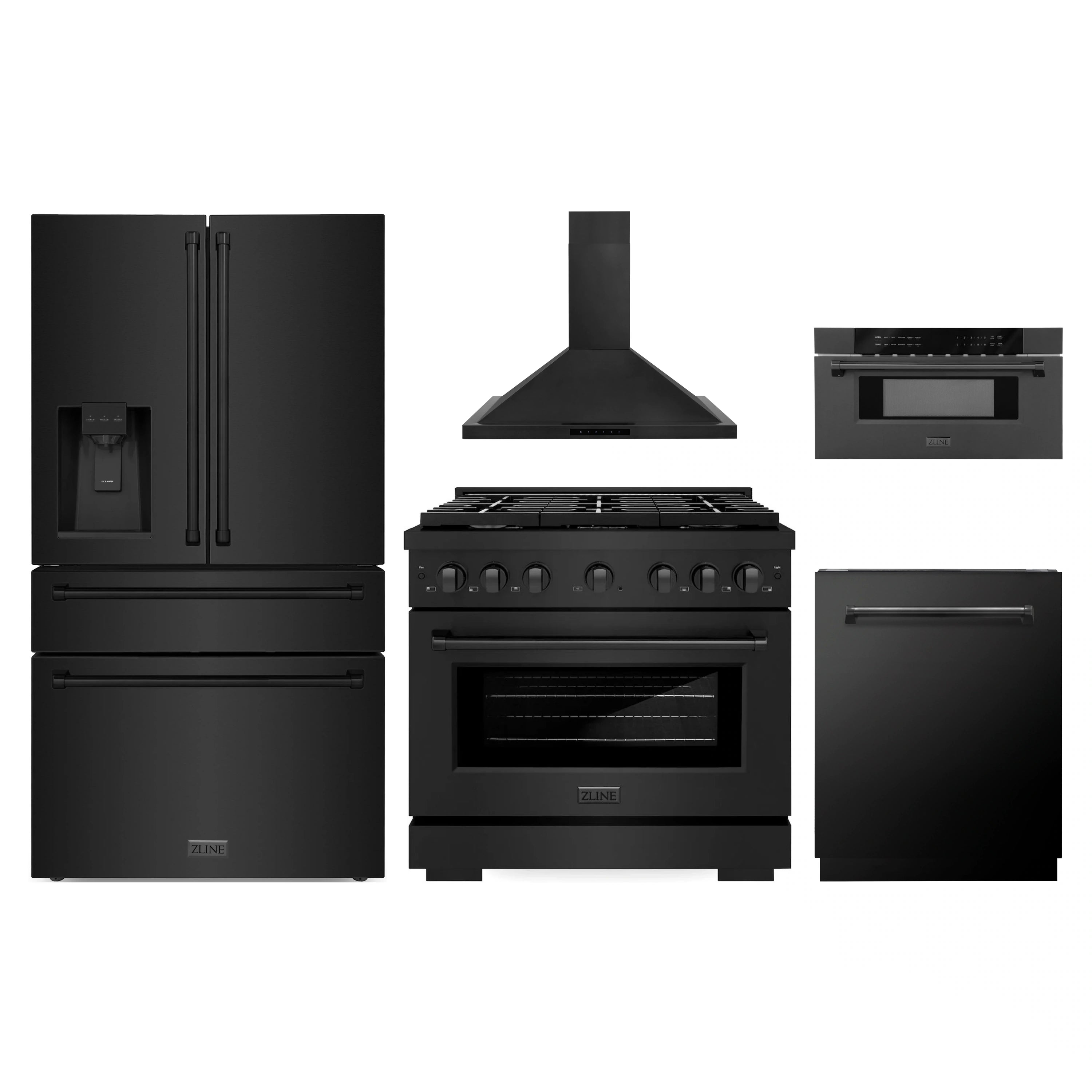5-piece black stainless appliance set: refrigerator, gas range, hood, microwave, dishwasher