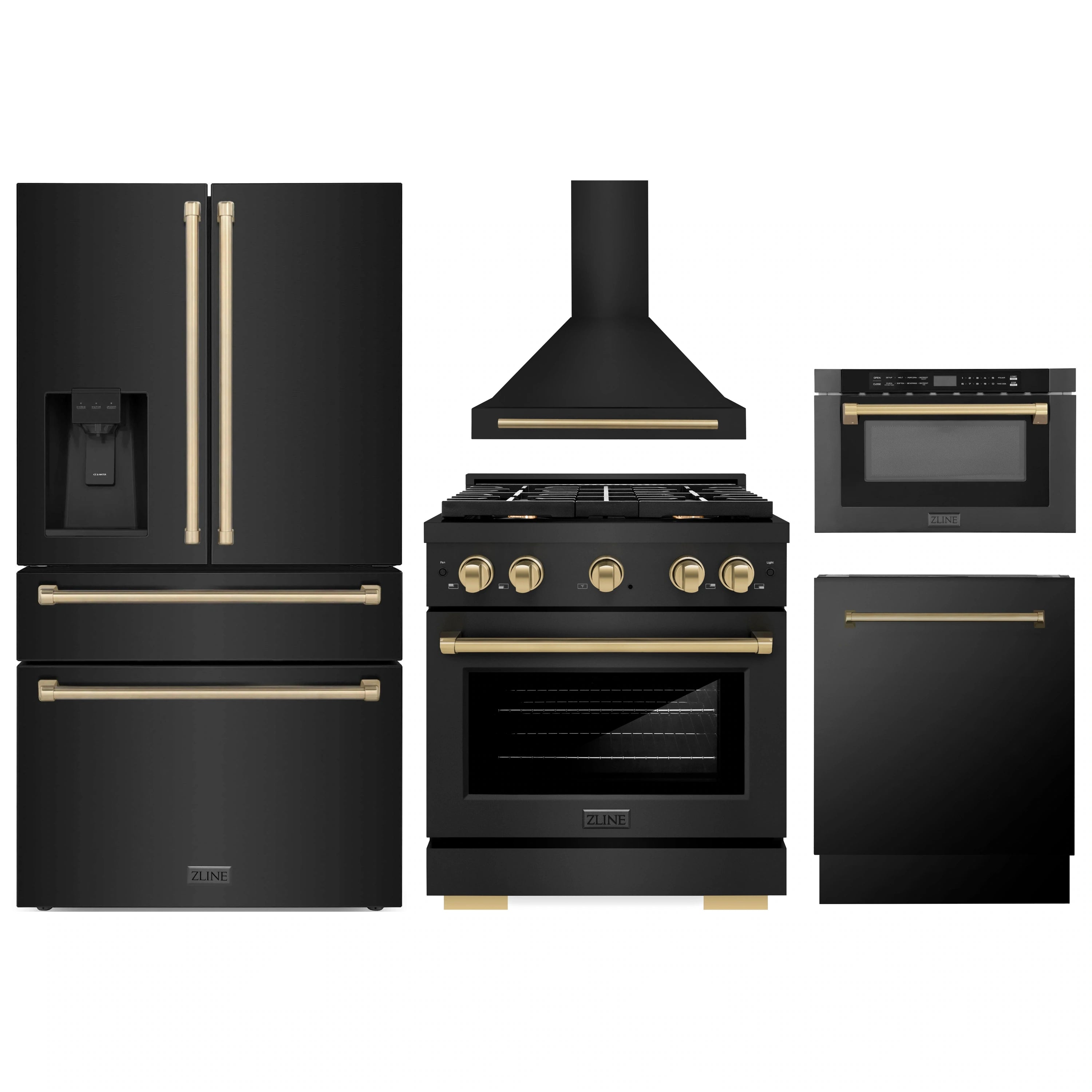 5-piece black stainless appliance set with champagne bronze accents: range, hood, fridge, dishwasher, microwave