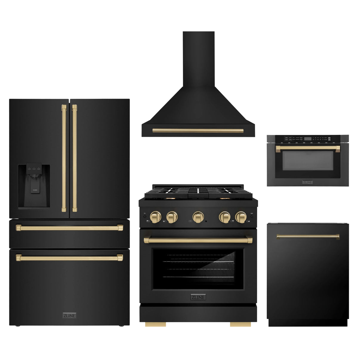ZLINE 5-Piece Appliance Package - 30-Inch Paramount Gas Range, Wall Mount Range Hood, 36-Inch French Door Refrigerator with Water Dispenser, Dishwasher, and 24-Inch Microwave Drawer in Black Stainless Steel with Champagne Bronze Accents